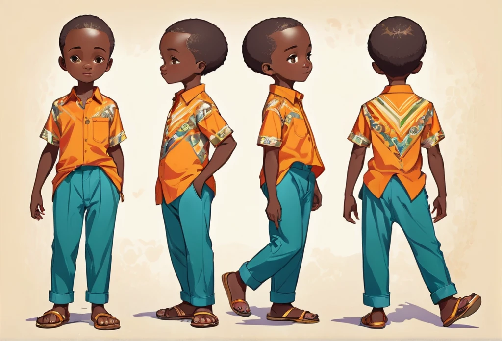  8 years old boy wearing shirt and pants, walking, stretching put one of his hands (character design sheet) same character front, side, back
African (masterpiece best quality:1.2) delicate illustration ultra-detailed, illustrations, bright, colourful, 