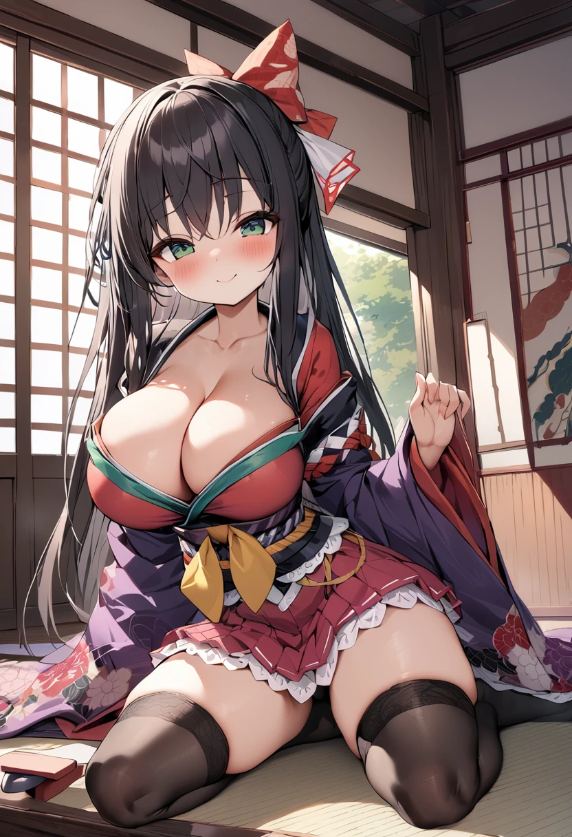 masterpiece, best quality, extremely detailed, good anatomy, large breasts, black hair, long hair, kimono, black overknee socks, geta, dark green eyes, ribbon, blush, smile,japanese style room, loli, pretty pose