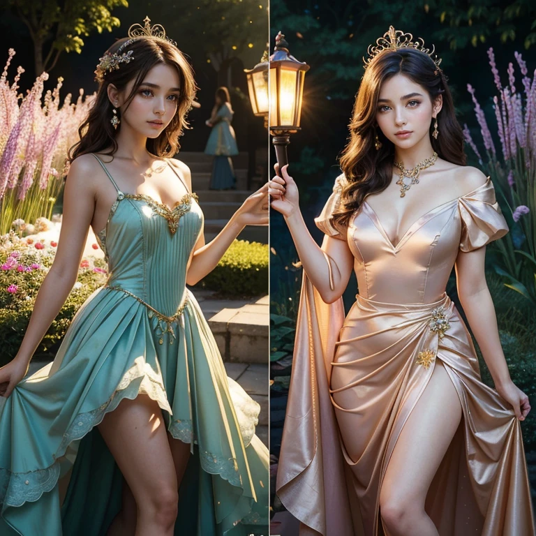 (masterpiece, best quality:1.5), highest quality, High resolution, super detailed, Realists, Upper body photo of a brunette young magical girl, detailed and beautiful eyes, beautiful detailed lips, very detailed eyes and face, longeyelashes, shiny satin dress, Holding a magic wand in your hand, Cast a transformation spell, With her magic wand she turns flowers into lanterns, Glowing wands available,Beautiful and colorful makeup, elegant and noble々The jewelry bag, Gardens as background, soft daylight, bright colors, fine brushstrokes, Portrait style, Silk dress fabric, beautiful color palette, glowing skin, First-class rendering, that captures every detail, enchanting atmosphere, subtle shadows and lights, (perfect anatomy:1.2), (The two stunning magical girls transform flowers into balloons. (a transformation with the magic wand:1.4), (magnificent panorama view:1.2)