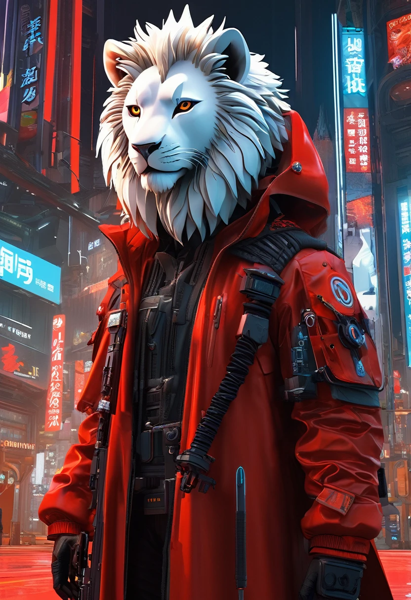 A man wearing a rifle、Lion wearing red cloak, Cyberpunk dystopian style, Charming characters, Huang Shilin, Full of energy and action, Randomly dispersed, white and orange, Flick, Surrealistic atmosphere style, Michael Cormack, Urban intervention, Code-based authoring, intense close-ups, real time transmission, Featured animals, Charming characters, kawaii chic style, 32k ULTRAHD, air brush art, Detailed miniature model, Dark, miki asai'styled, 32k ULTRAHD, Dark beige and red, Kawaii art style, Photorealistic rendering, 32k ULTRAHD, Detailed pubic hair, Charming illustration, Player core,(Best quality,4K,8K,A high resolution,tmasterpiece:1.2),ultra - detailed,(actual,realistically,realistically:1.37),
