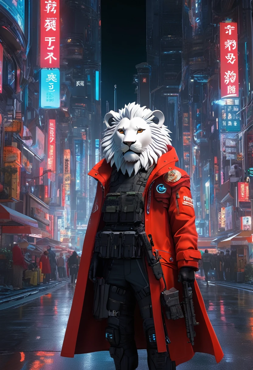A man wearing a rifle、Lion wearing red cloak, Cyberpunk dystopian style, Charming characters, Huang Shilin, Full of energy and action, Randomly dispersed, white and orange, Flick, Surrealistic atmosphere style, Michael Cormack, Urban intervention, Code-based authoring, intense close-ups, real time transmission, Featured animals, Charming characters, kawaii chic style, 32k ULTRAHD, air brush art, Detailed miniature model, Dark, miki asai&#39;styled, 32k ULTRAHD, Dark beige and red, Kawaii art style, Photorealistic rendering, 32k ULTRAHD, Detailed pubic hair, Charming illustration, Player core，(Best quality,4K,8K,A high resolution,tmasterpiece:1.2),ultra - detailed,(actual,realistically,realistically:1.37),