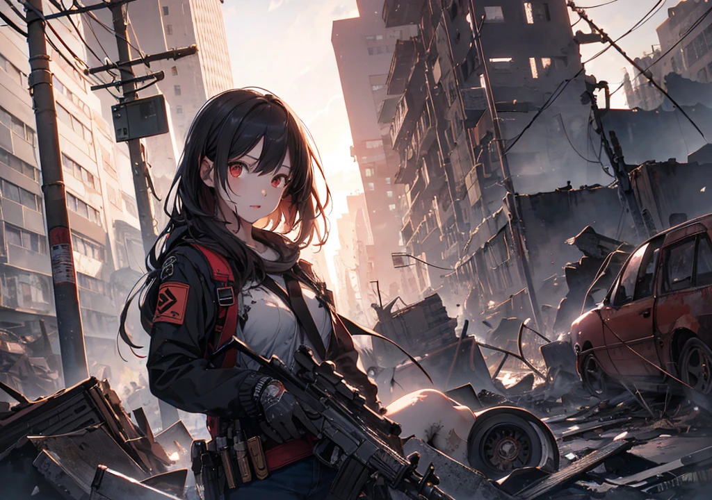 Realistic photos, Focus distance 10mm, Red and white, Beautiful girl, Realistic photos, Shooting at focus distance 10mm, masterpiece, 最high quality, high quality, Very detailed CG 8k wallpaper unit, Award-winning photography, Depth of written boundary, High resolution, bloom, chromatic aberration, Realistic, Very detailed, Art Station Trends, CGsociety Trends, Complex, High detail, dramatic, Art on the go, volumetric lighting, In a ruined city, surrounded by zombies
A beautiful girl calmly aiming a gun while surrounded by zombies in a ruined city. Burning buildings can be seen in the background