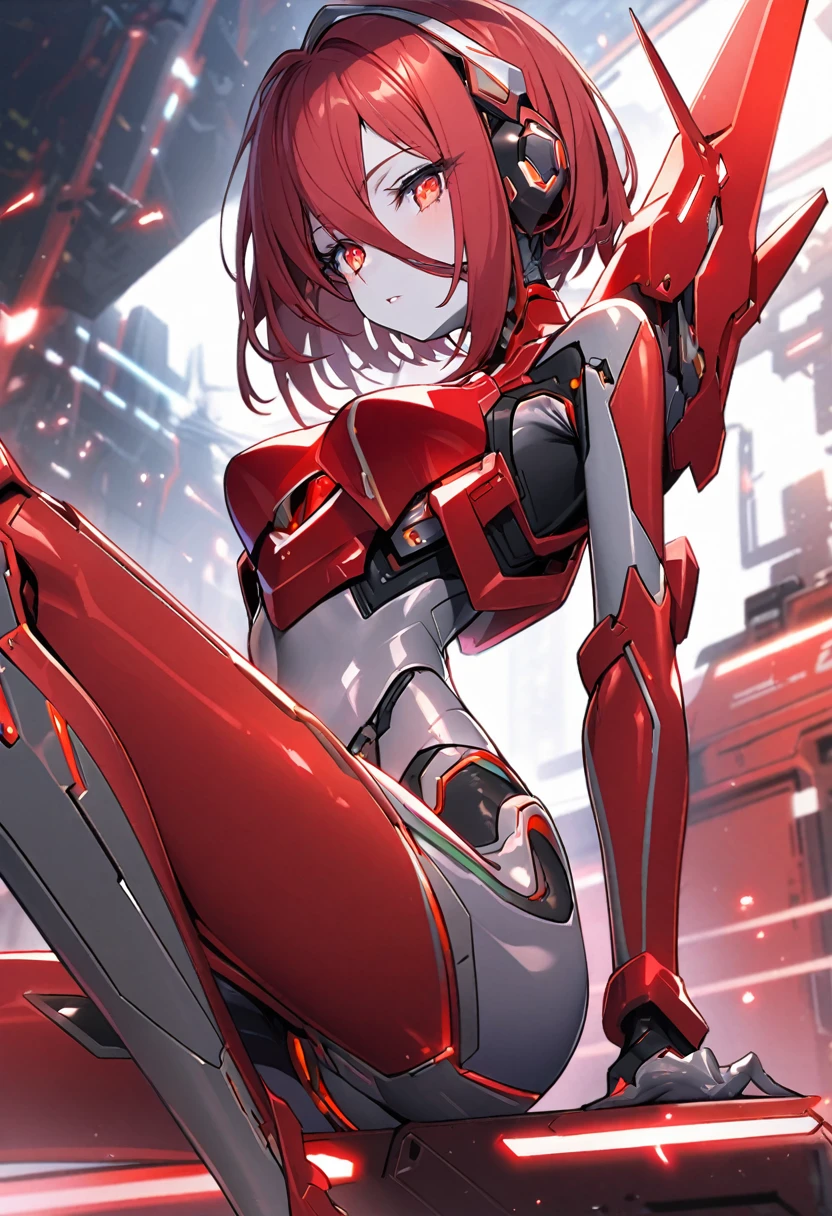 science fiction, android girl(metallic skin, cyber joint, red hair, red flash eyes, red armor legs)