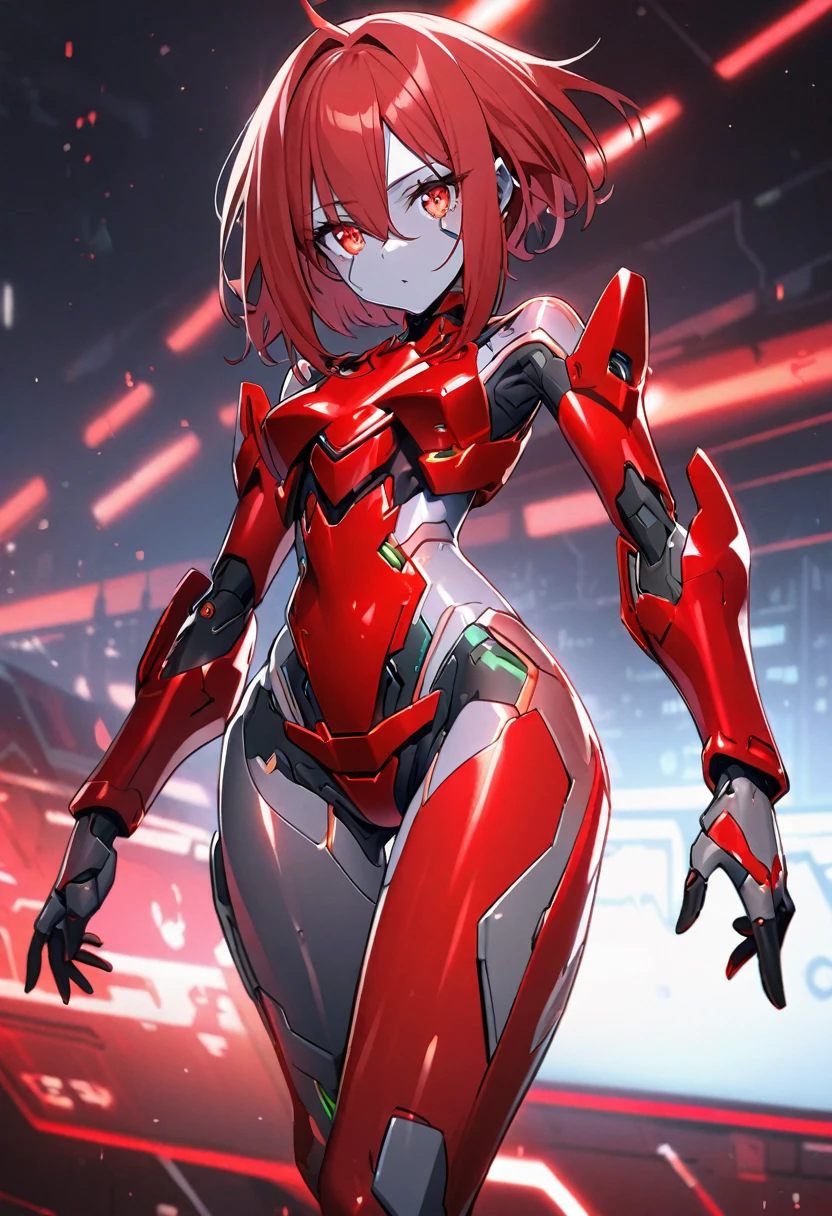 science fiction, android girl(metallic skin, cyber joint, red hair, red flash eyes, red armor legs)