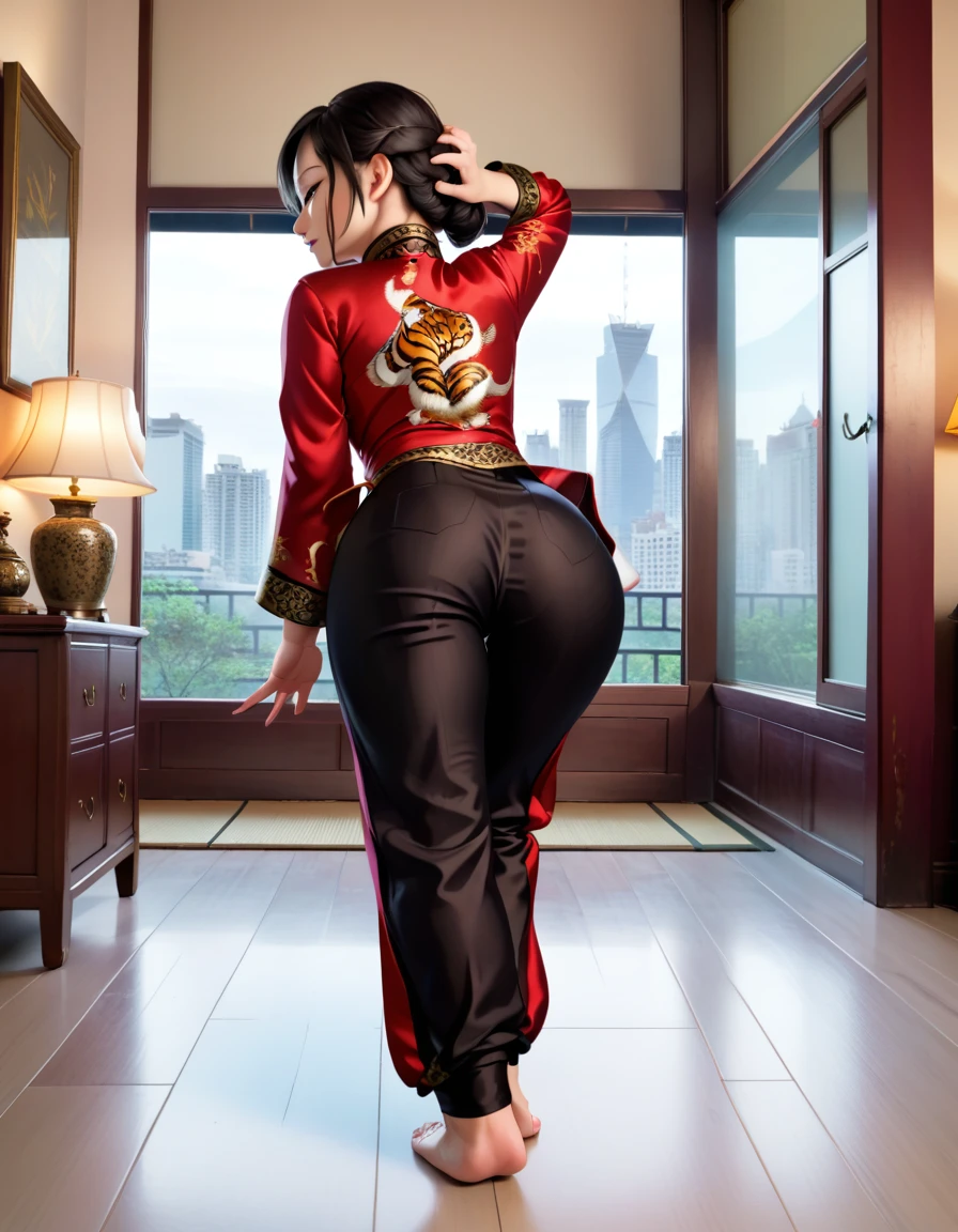 1girl, master tigress, solo, tail, looking back at viewer, red qipao, black silk pants , living room, window, point of view from behind, bent over touching the floor