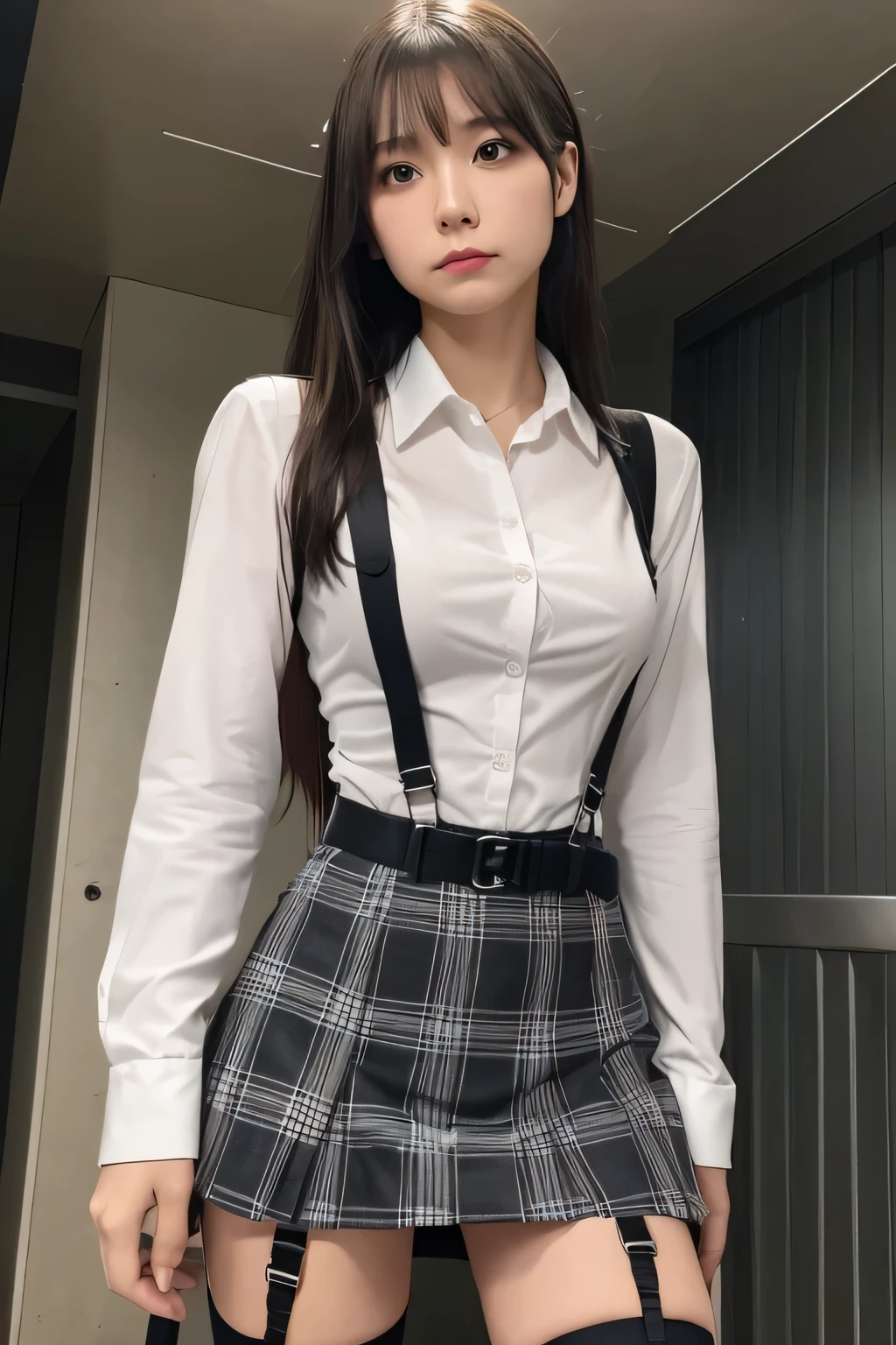 1 female, , high quality, masterpiece, Ultra-high resolution, Cinema Lighting, 1 female, , high quality, masterpiece, Ultra-high resolution, , Cinema Lighting, suspenders　　　Moderate breasts　 　 　　　　　 　　　　Small face　 　　　　　　　　　　　Looking up　　　　Sweat 　　　Thin belt　buzzer　脇Sweat 　　　　 　Garter belt　　Belt on pants　　holster　 　　Hands behind your back　 　Looking up　Anxious face　Knee-high　Knee socks　Knee-highソックス 　garter　ふとももにGarter belt　Checkered mini skirt　 　　Panty shot　Skirt gap Armament　　　holster　holster 　　Hands behind your back　 Anxious expression　　Anxious face, legs apart　Armament　　Leg holster　holster　See-through clothing　heavy rain　Rain-soaked dress shirt,