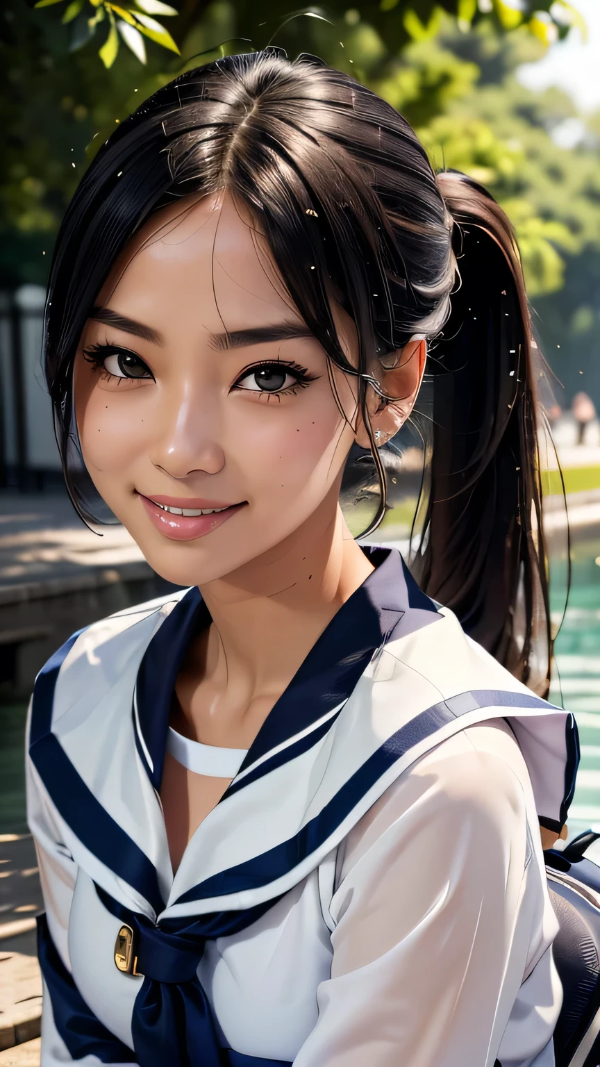 One girl, high school girl、(((リボン付きSailor suit))), Summer clothes、Wet and transparent、((Navy pleated ocks、loafers、ponytail、school bag)、My belly is visible through my clothes、cute, wonderful, Beautiful attention to detail, Iris, Black Hair, In detail, Depth of written boundary, Highly detailed CG, original, Highly detailed wallpaper, View your viewers, Detailed face, Cleavage, (Big Tits, Hard nipples)、Toned Abs, White skin, Realistic、(Cinema Lighting)、Detail emphasis, Beautiful lighting、(((Sailor suit))), Summer clothes、Wet and transparent, ((In the park after the rain))、Summer sunset、Realistic park、masterpiece, 最high quality, high quality, High resolution、 ((smile)), smileで、((Face close-up))), Face close-up