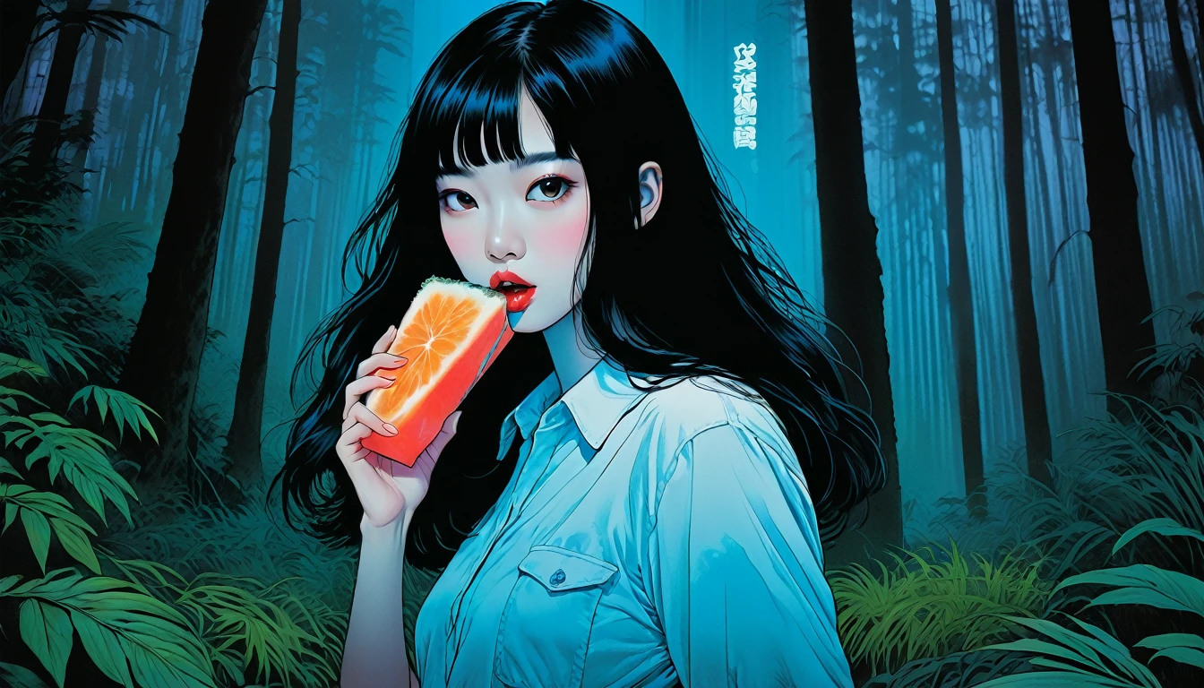 An illustration、art、80s Thai horror movie poster, Supervised by Junji Ito、(forest:1.2)、expensive 、Attention to detail, Realistic Shadows、Analog Style, chromatic aberration, Surrealism、Complementary Gradient、Yuki-onna Eats Blue Hawaii
