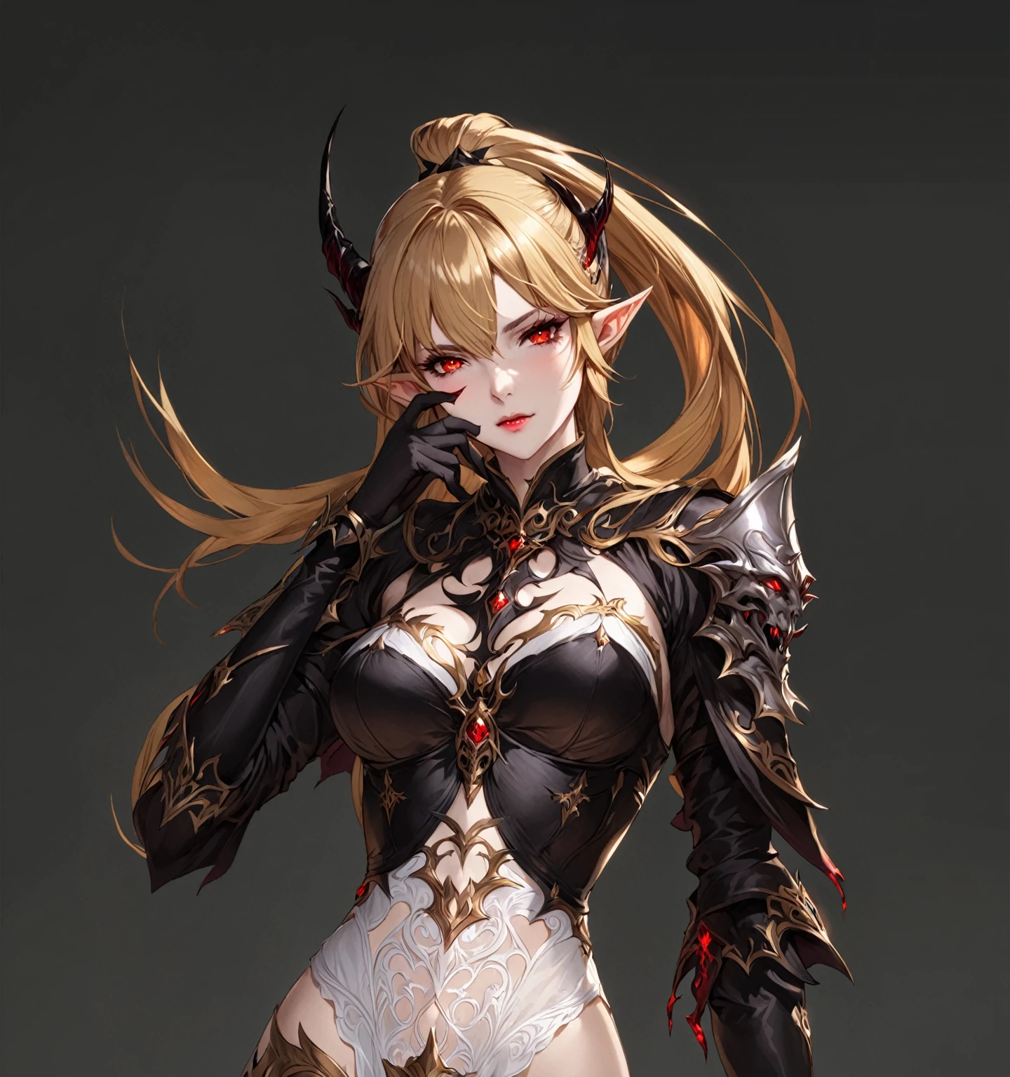 masterpiece, best quality, good quality, Highly detailed, shadowverse style, female, elf, golden hair, red eyes, demonic, adult