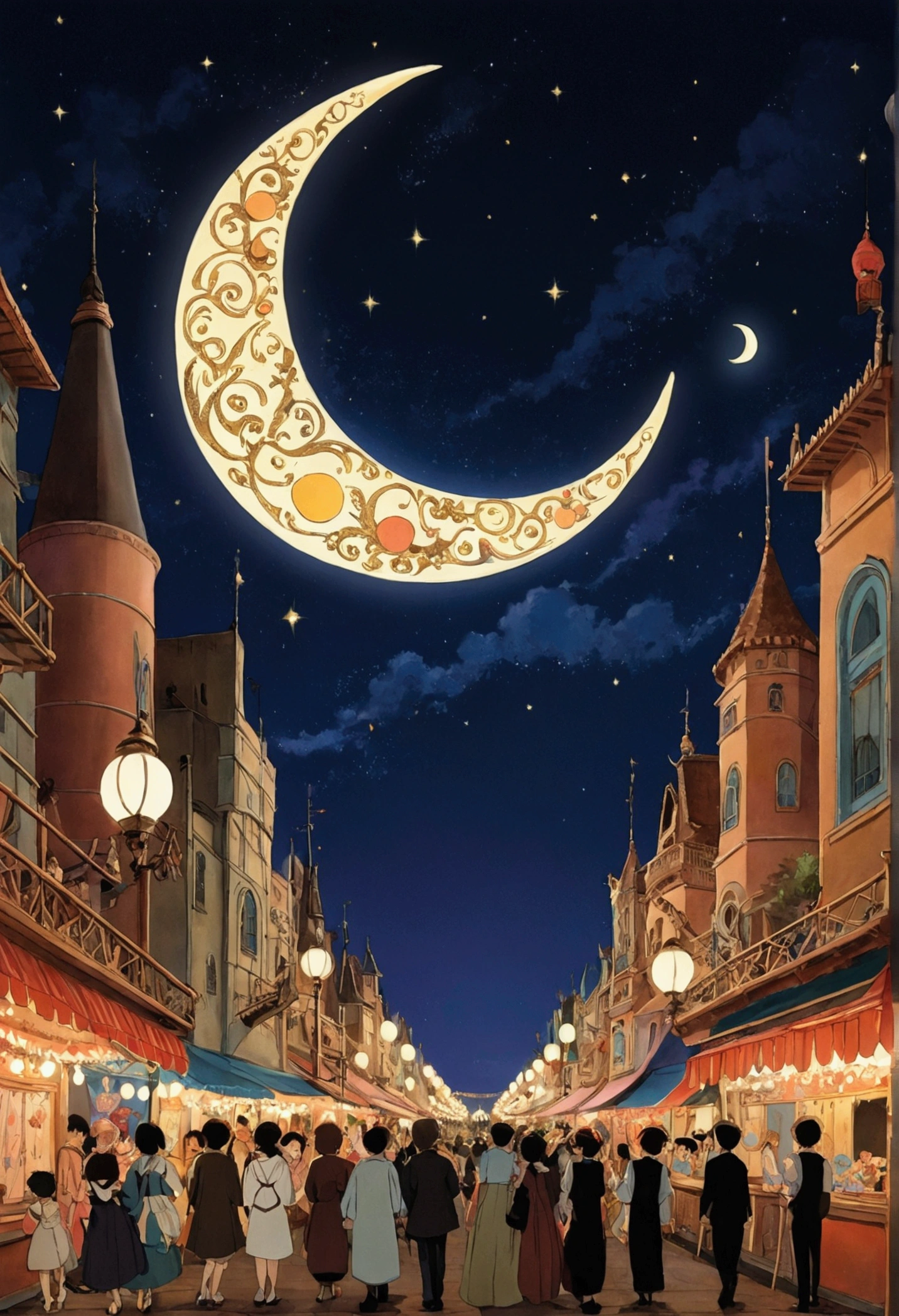 Ghibli night carnival Crescent Moon fantasy