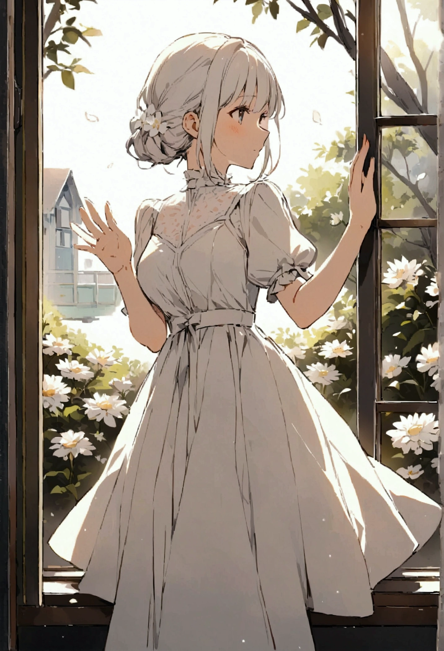 Focus on a woman riding alone on a train Waving from the window Nostalgic Farewell Simple White flowers