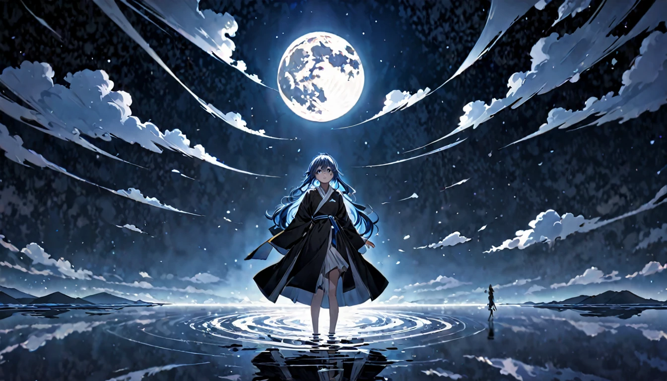 **174. One person。Dramatic confrontation scene。girl。Cowboy shot or close-up。masterpiece, best quality, ultra detailed (Detailed fingers), (Emotional), (main part: 1.2 Whole body。), (Anime Style), (Very detailed), (超High resolution, High resolution), (8k), (High resolution: 1.2), (Complex and beautiful: 1.2)**
- background: Under the Moonlit Night、Tranquil lake shores。
- girl: Delicately drawn black executive-style robes、Blue hair and silver eyes。
-pose: Standing by the lake、Looking up at the moon with a slightly sad look。
-expression: A cold expression with a hint of sadness hidden within it、Your gaze seems to recall the distant past。
- Effects: Moonlight reflecting on the lake、Bring her silhouette to the surface。
-color: The contrast between the pale moonlight and the black robe creates a fantastic atmosphere.。