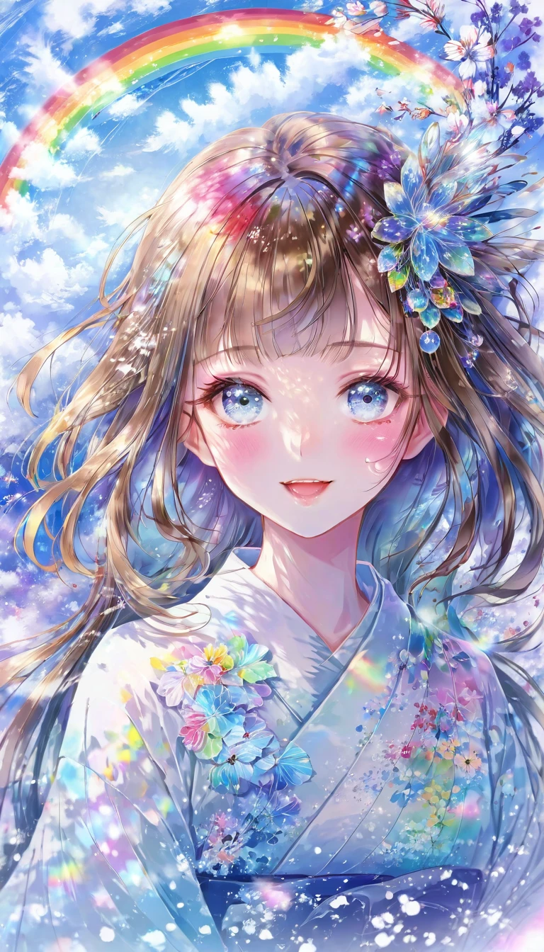 A fusion of watercolor and oil painting, Psychedelic world, Commemorative photo, Japanese Kimono,beautiful girl、****ta、****************, 1 cute girl、(Look forward), (Looking at this), (Very delicate and beautiful face)、(Beautiful eyes in every detail)、((((Heterochromia Iridum - Red and Blue Eye Color))))、Through the bangs,Brown Hair,Long Hair ,Beautiful attention to detail, Beautiful lip detail, Highly detailed face, Attractive eyes, Long eyelashes, smile, Open your mouth a little, One Girl, Digital Art, pastel colour, ((Use the rainbow as your main color)),Vibrant colors,fantasy art pieces,dream-like,Mythical fantasy with rainbow accents,Fairytale Fantasy, (((Translucent rainbow))),Subtle iridescent details,Gives off an aura of magic,Exquisite detail,Character clothing should be designed in kimono, Heavenly, Soft lighting, Cinematic, romantic, baby doll、Framing above the chest、Colorful gel background、Fractal Floral Background、Sparkling、Perfect lighting、Sharp focus、High resolution、High resolution、High color rendering、High resolution