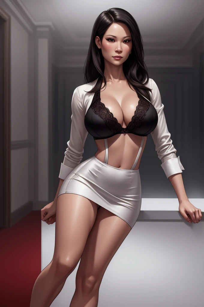 a beautiful woman wearing a white silk shirt with a deep v-neck, a black business suit, a red lace bra, a pencil skirt with a leg slit, Lucy Liu, elegant, photorealistic, 8k, highly detailed, chiaroscuro lighting, cinematic composition