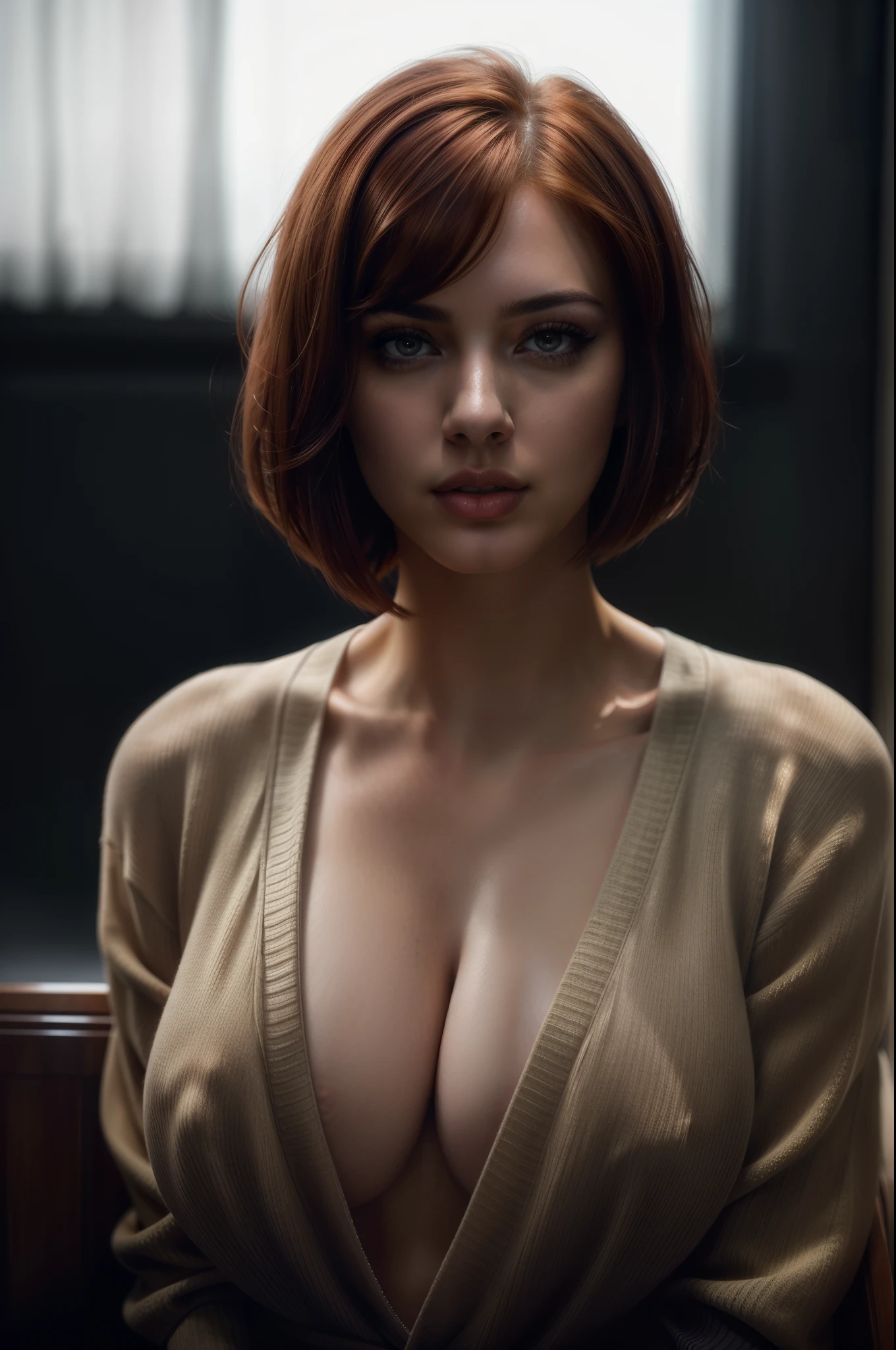 A girl with reddish hair, bobcut hairstyle, full body shot, detailed eyes and face, beautiful detailed lips, extremely detailed eyes and face, longeyelashes, intricate hairstyle, cinematic lighting, dramatic contrast, hyper-realistic, 8k, best quality, (photorealistic:1.37), (masterpiece:1.2), ultra-detailed, digital art, portrait, headshot, cinematic style, cardigan, bare legs