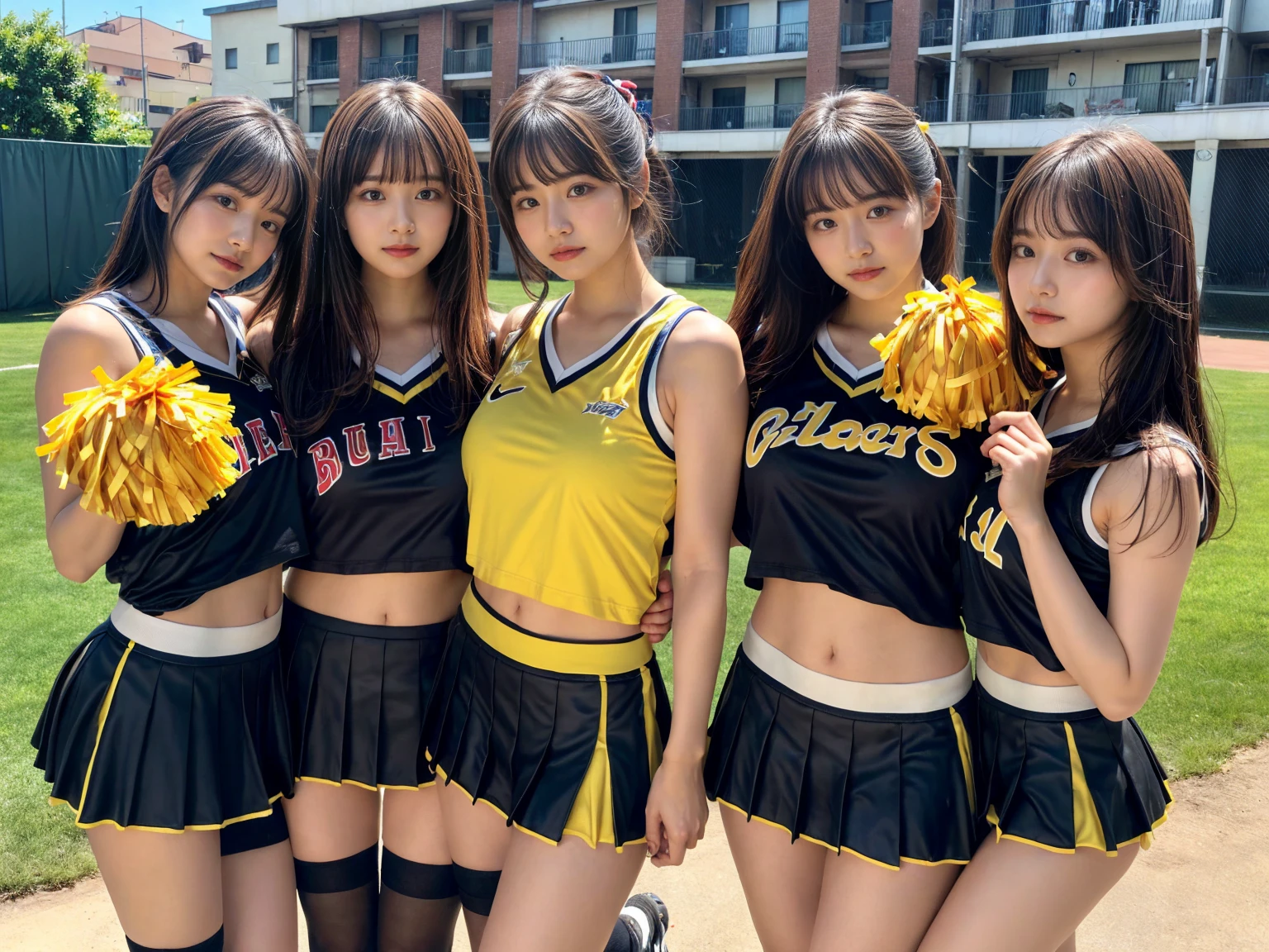 masterpiece, best quality, illustration, Super detailed, fine details, High resolution, 8K,wall paper, perfect dynamic composition,(Details High quality, realistic depiction of eyes:1.3), (3 girls), BREAK (cheerleader uniform with yellow as basic color:1.3), (holding a yellow pompoms in hand:1.4), (sleeveless yellow tunic with baseball team logo:1.4), yellow tops, (bold V-neck:1.3), ((Blue lines, black lines) on tops:1.3), ((fit and flare, A-line):1.3), (A-line yellow rah-rah skirt:1.3), mini skirt, (black socks:1.3), (sports shoes:1.2), sitting, open legs, short bob hair, in a hotel room in the background, deep on field, large breasts, black hair color, Big Natural Color Lip, (perfect body shape), crying a little、Harajuku style、20 year old girl、cute type、beautiful legs, Gravure Idol