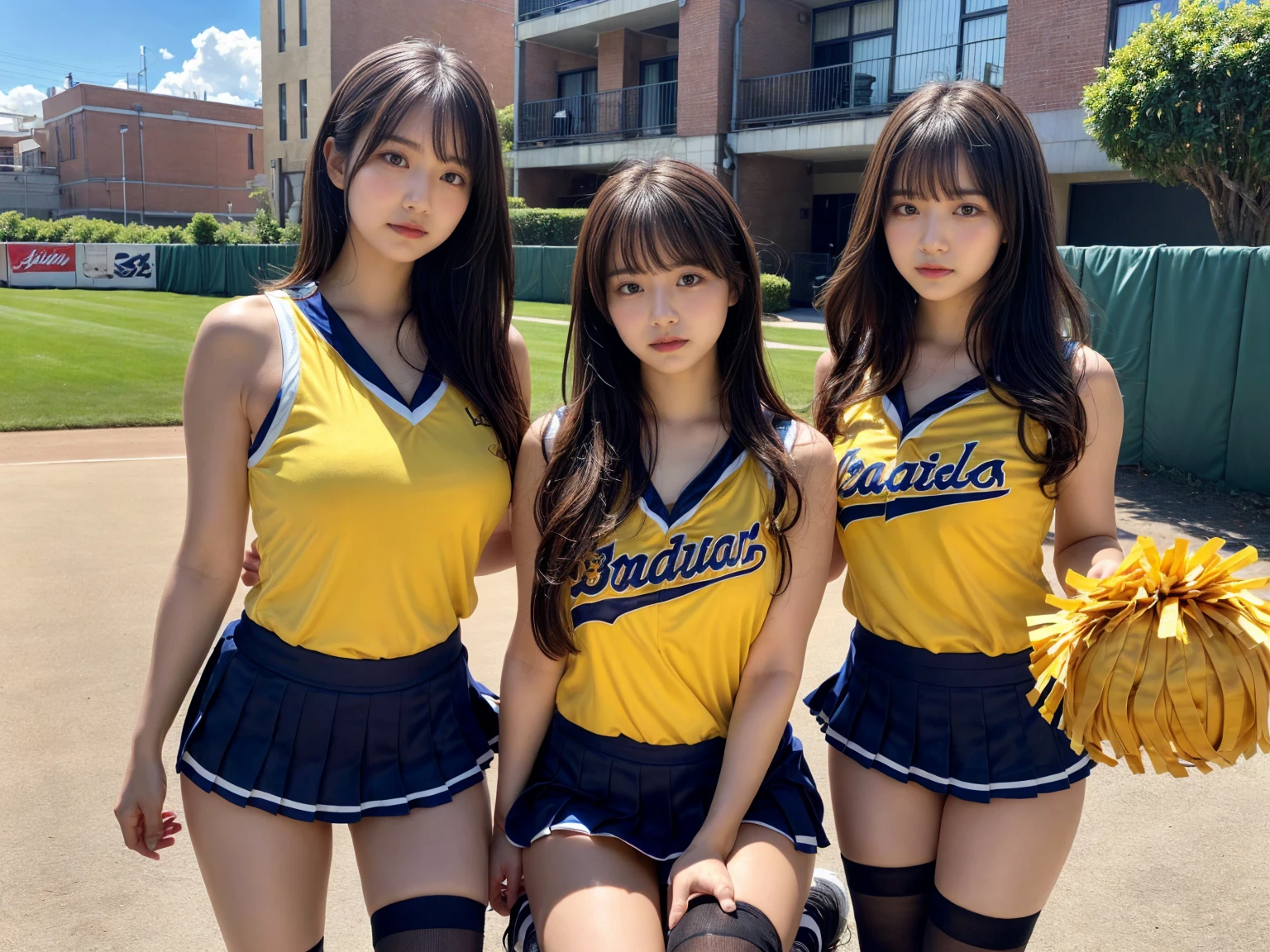 masterpiece, best quality, illustration, Super detailed, fine details, High resolution, 8K,wall paper, perfect dynamic composition,(Details High quality, realistic depiction of eyes:1.3), (3 girls), BREAK (cheerleader uniform with yellow as basic color:1.3), (holding a yellow pompoms in hand:1.4), (sleeveless yellow tunic with baseball team logo:1.4), yellow tops, (bold V-neck:1.3), ((Blue lines, black lines) on tops:1.3), ((fit and flare, A-line):1.3), (A-line yellow rah-rah skirt:1.3), mini skirt, (black socks:1.3), (sports shoes:1.2), sitting, open legs, short bob hair, in a hotel room in the background, deep on field, large breasts, black hair color, Big Natural Color Lip, (perfect body shape), crying a little、Harajuku style、20 year old girl、cute type、beautiful legs, Gravure Idol