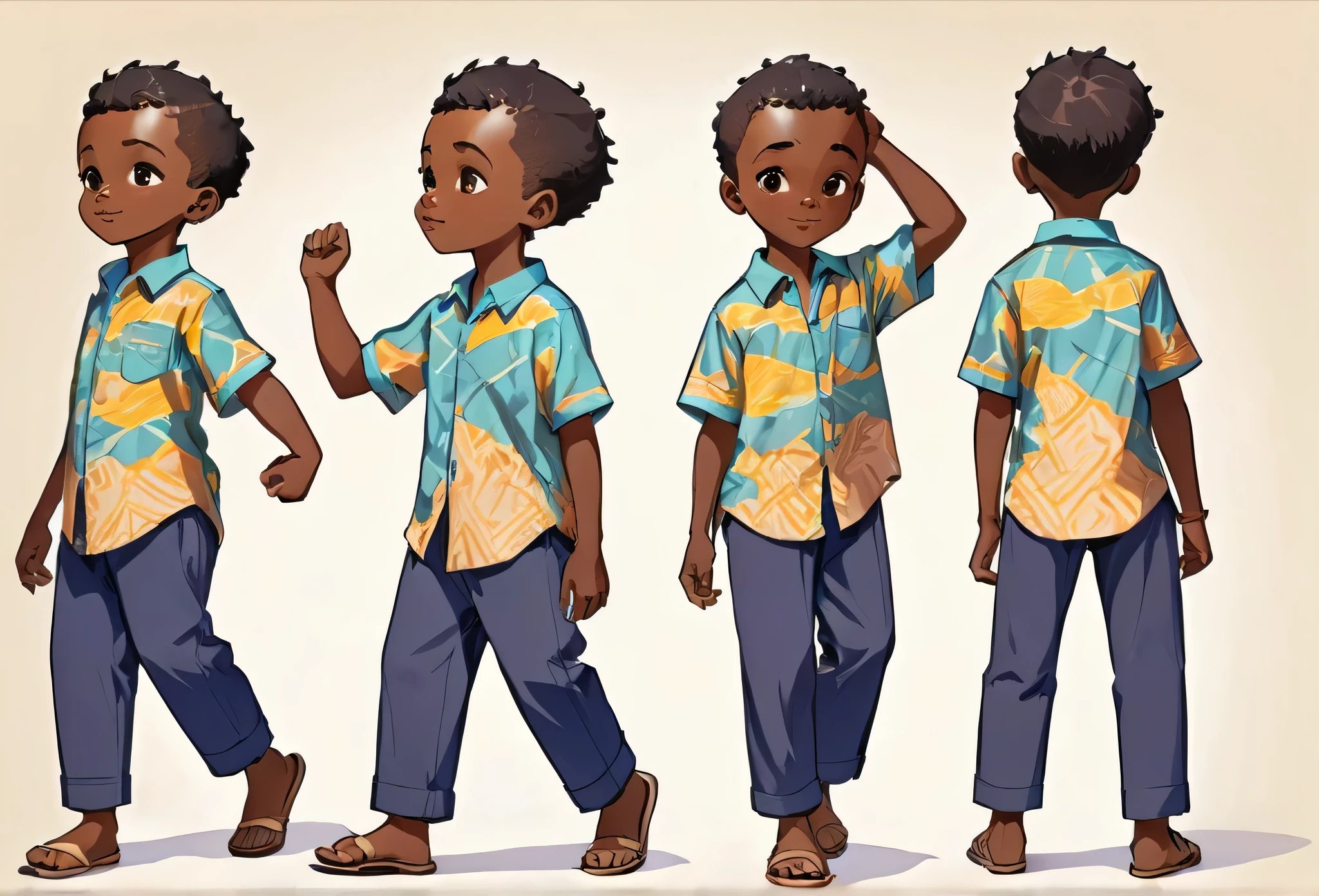 boy wearing shirt and pants, walking, stretching put one of his hands (character design sheet) same character front, side, back
African (masterpiece best quality:1.2) delicate illustration ultra-detailed, illustrations, bright, colourful,