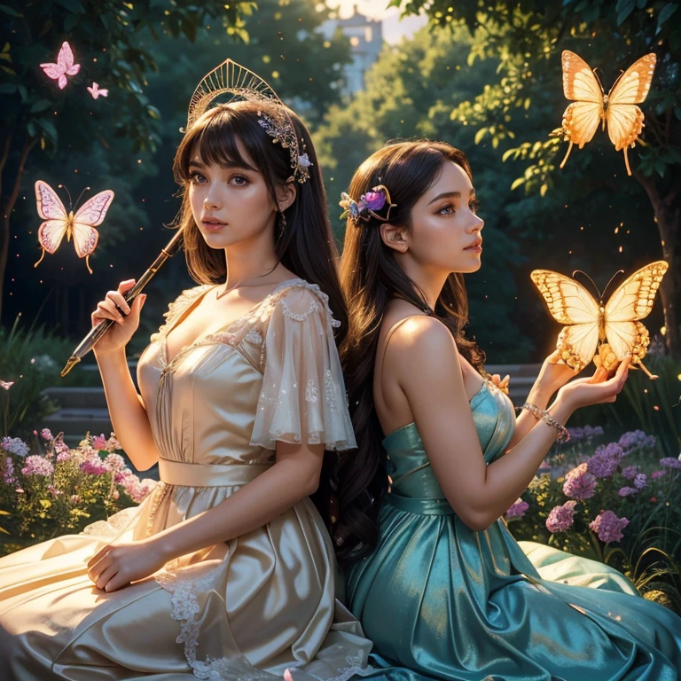 (masterpiece, best quality:1.5), highest quality, High resolution, super detailed, Realists, Upper body photo of a brunette young magical girl, detailed and beautiful eyes, beautiful detailed lips, very detailed eyes and face, longeyelashes, shiny satin dress, Holding a magic wand in your hand, Cast a transformation spell, With her magic wand she turns spiders into butterflies, Glowing wands available,Beautiful and colorful makeup, elegant and noble々The jewelry bag, Gardens as background, soft daylight, bright colors, fine brushstrokes, Portrait style, Silk dress fabric, beautiful color palette, glowing skin, First-class rendering, that captures every detail, enchanting atmosphere, subtle shadows and lights, (perfect anatomy:1.2), (The two stunning magical girls transform spiders into butterflies. (a transformation with the magic wand:1.4), (magnificent panorama view:1.2)