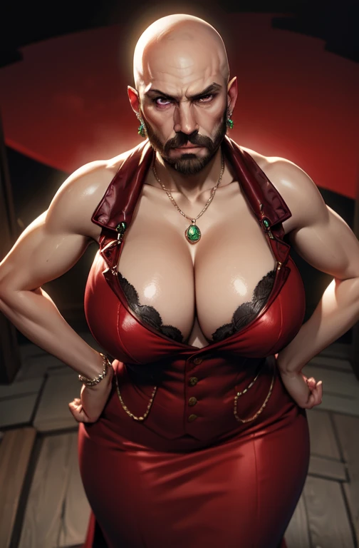 Old man, bald, mustache, big mustache, beard, big beard, masterpiece, best quality, ffscarlet, purple eyes, earrings, necklace, lipstick, sleeveless, red dress, cleavage, long dress, huge breasts, gigantic breast, hands on hips, cowboy shot, looking at viewer, from above, furrowed brow, pout, fists