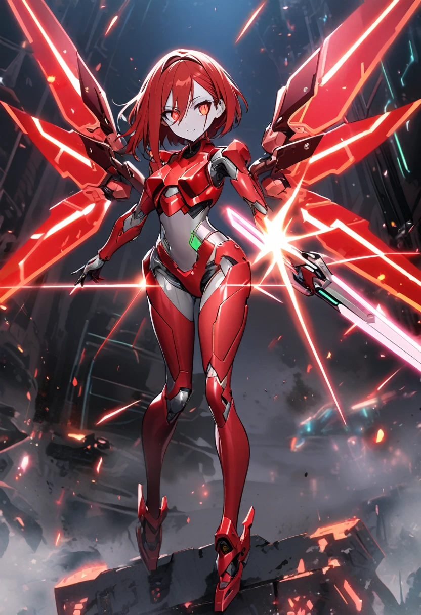 science fiction, android girl(metallic skin, cyber joint, red hair, red flash eyes, red armor legs, beam sword, shining wings)