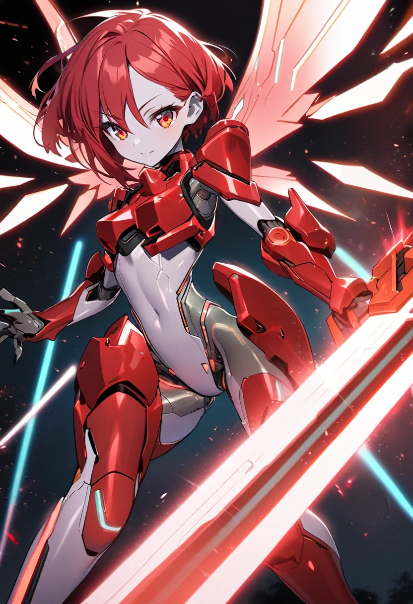 science fiction, android girl(metallic skin, cyber joint, red hair, red flash eyes, red armor legs, beam sword, shining wings)