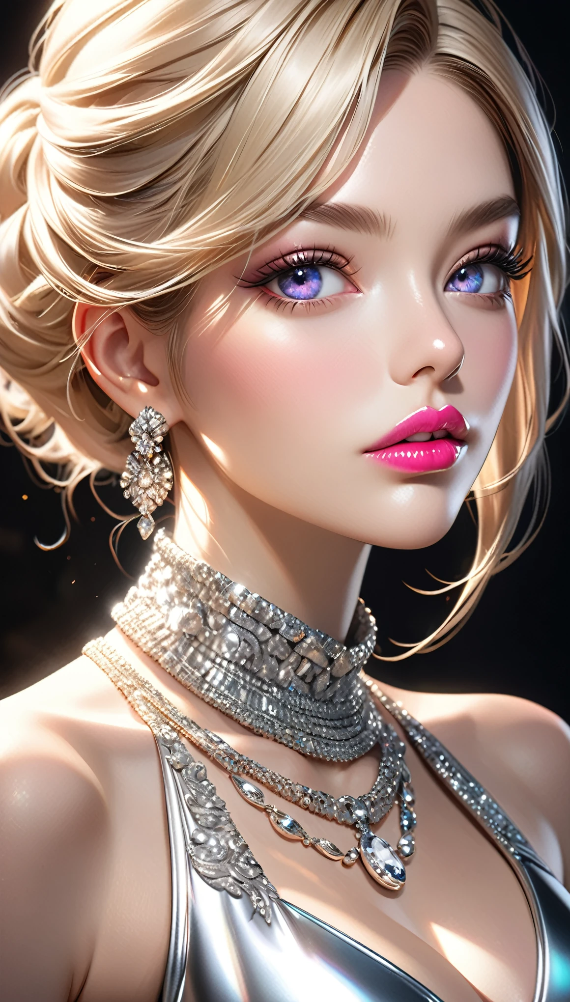 a stylish girl, long blonde hair, beautiful detailed eyes, beautiful detailed lips, extremely detailed face, long eyelashes, glossy lips surface, vibrant pink lips, shiny silver tight dress, cleavage, diamond necklace, photorealistic, 8k, (best quality:1.2), hyper detailed, (realistic:1.37), elegant, chic, modern, studio lighting, cinematic,