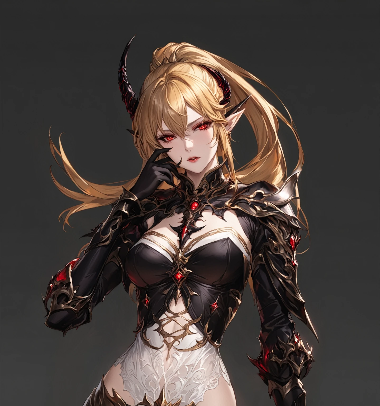 masterpiece, best quality, good quality, Highly detailed, shadowverse style, female, elf, golden hair, red eyes, demonic, adult