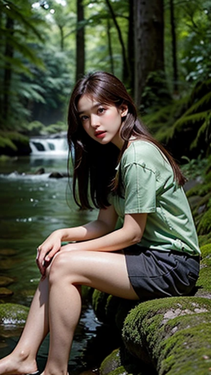 Create 64k photo Quiet forest scene at dusk. The forest is bathed in a soft, gentle light, with tall ancient trees, with shiny, emerald green leaves. Low angle portrait. Beautiful Thai-Chinese woman ((sexy)), fair skin, long brown hair, slim, sexy, wearing a pastel pink shirt, short pants, no shoes. She sits gracefully beside the stream. Behind the quiet forest scene at dusk. The forest is bathed in a soft, gentle light, with tall ancient trees, with shiny, emerald green and gold leaves. The stream meanders gently through the forest.