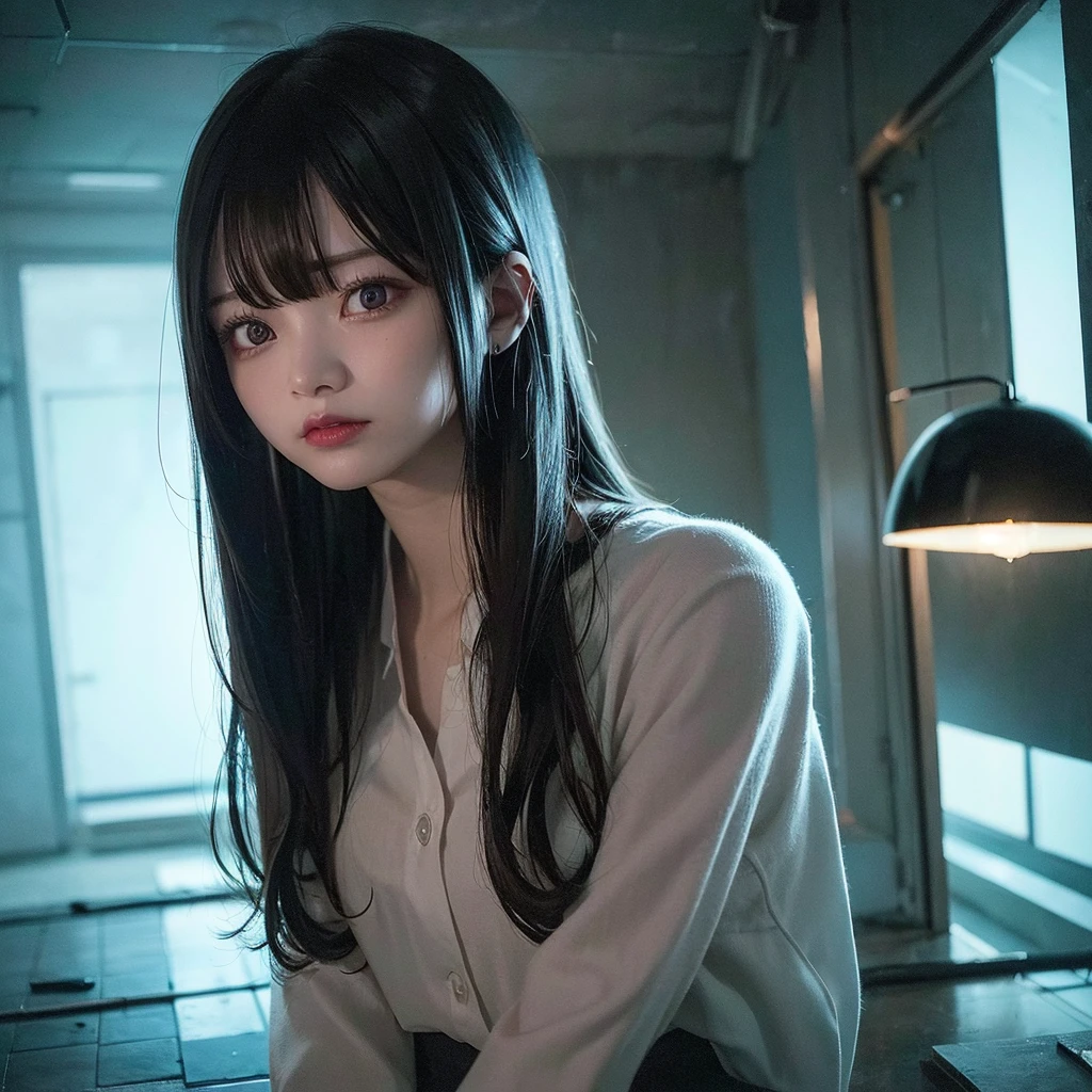 1girl, sadako, neon, miniskirt, 1990s, detailed face, beautiful eyes, detailed lips, long hair, eerie, creepy, horror, atmospheric lighting, glowing neon colors, moody, dark, mysterious, dramatic, (best quality,8k,highres,masterpiece:1.2),ultra-detailed,(realistic,photorealistic,photo-realistic:1.37),vibrant colors,cinematic lighting,dramatic shadows,moody atmosphere