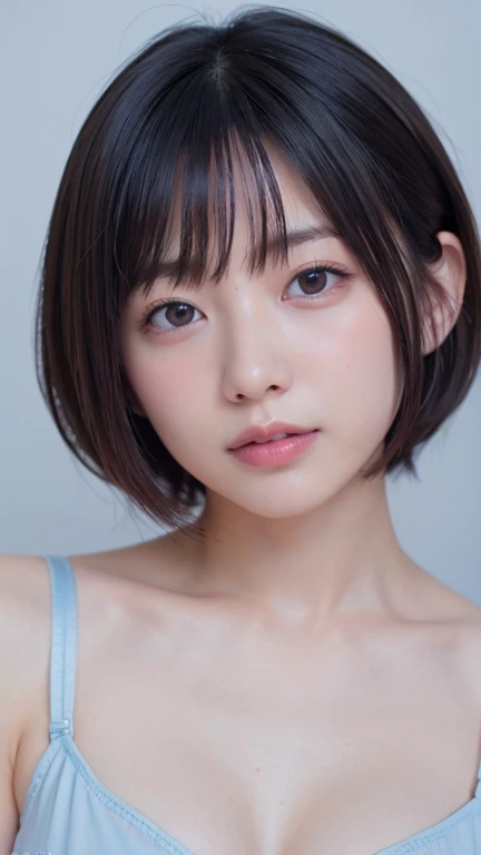 1 very cute girl、12 years old、short hair、Gray Hair、reduce hair volume、Blue background、Upper Body、(head shot:1.5)、Eyes focus、Laughter、、(8k、RAW Photos、Highest quality、masterpiece:1.2)、(Realistic、Realistic:1.3)、Hmph、The depth of the written world、Wide Light、High Contrast、(Shine:1.4)、chromatic aberration、Sharp focus、Raw color photography、Cinema Lighting、8k解像度、Bold underwear、Looking up