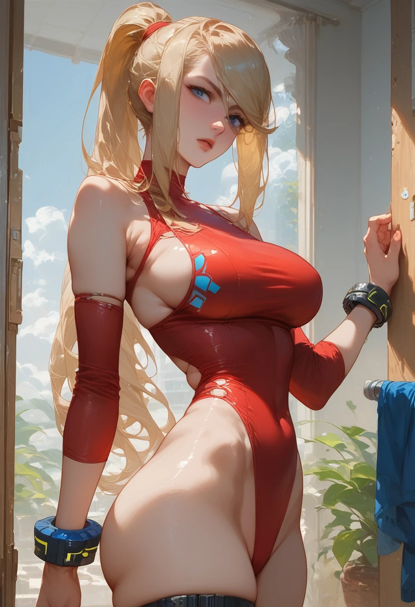 ((masterpiece)),1 girl, Samus Aran, blonde hair, blue eyes, ponytail, big ass, large breast, red swimsuit with sleeves, closed swimsuit, weapon room, iron bracelets, belt, detailing face, detailing body, hip straps, cowboy shot, intricate details, confidence, source_anime