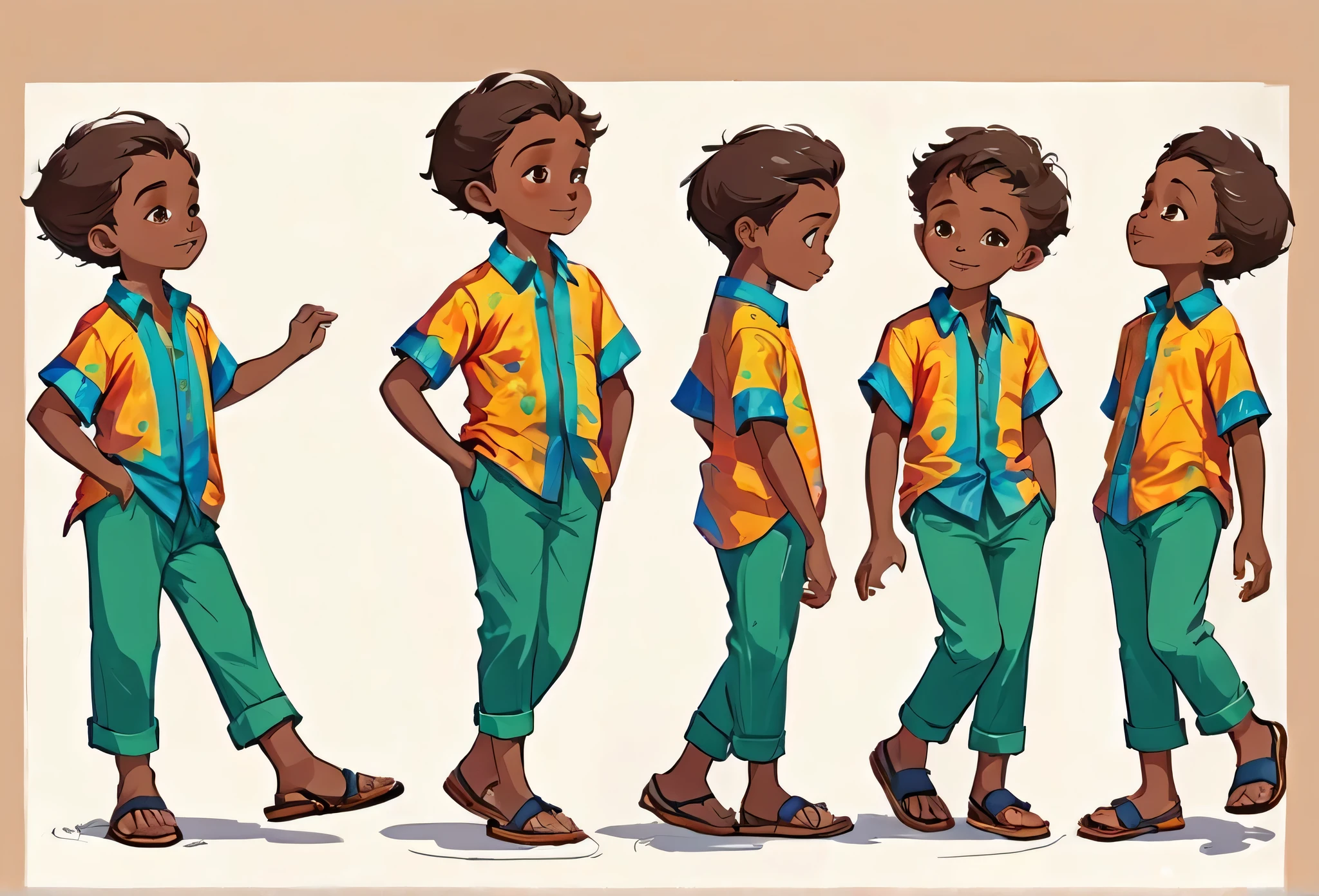  8 years old boy wearing shirt and pants, walking, stretching put one of his hands (character design sheet) same character front, side, back
African (masterpiece best quality:1.2) delicate illustration ultra-detailed, illustrations, bright, colourful, 