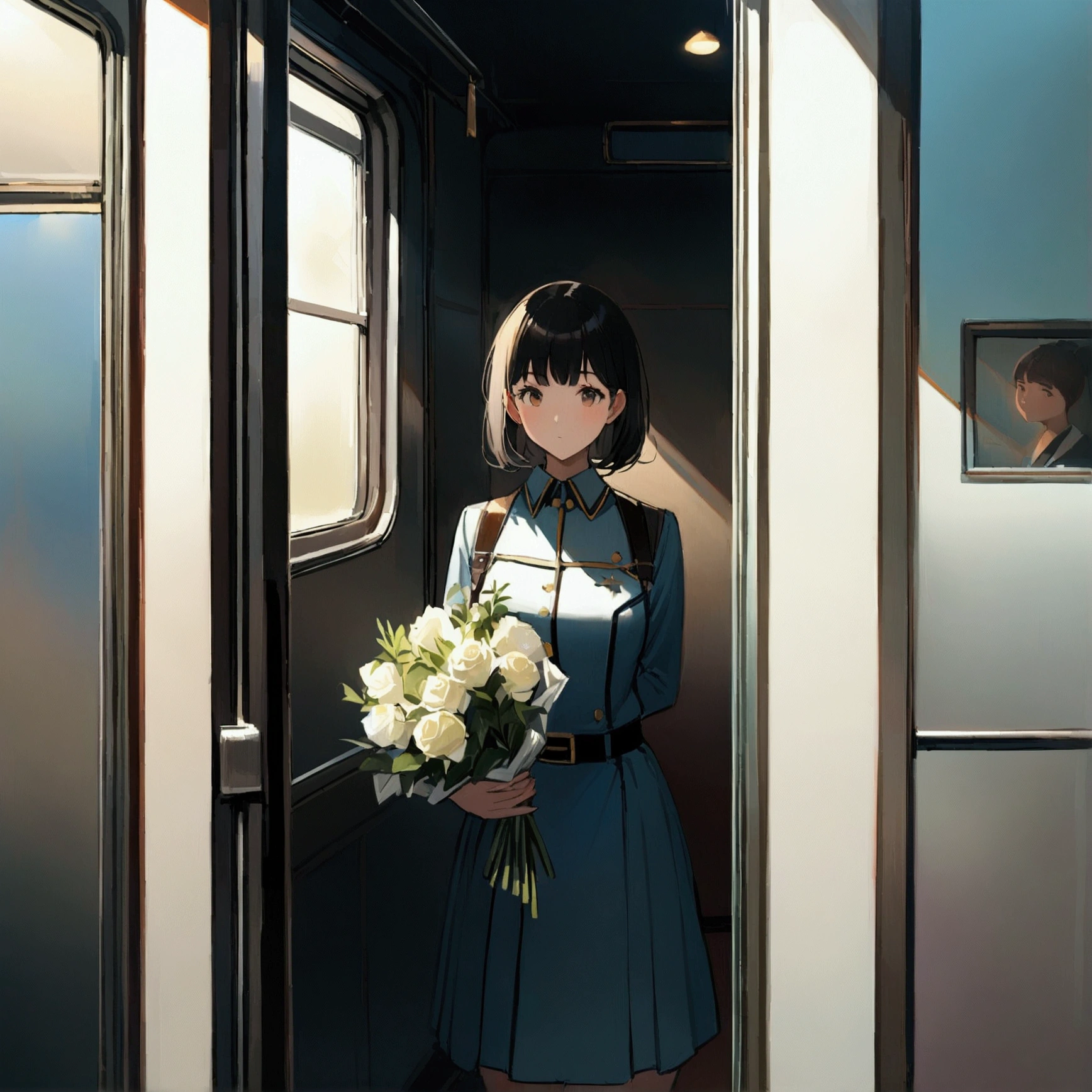 Focus on a woman riding alone on a train. Nostalgic. Farewell. Simple. Holding a white bouquet. Standing through the closed door window and looking straight at the camera. Woman in the center. Lonely atmosphere. Modern and up-to-date painting. Uniform light. Delicate and clear touch. Summer.