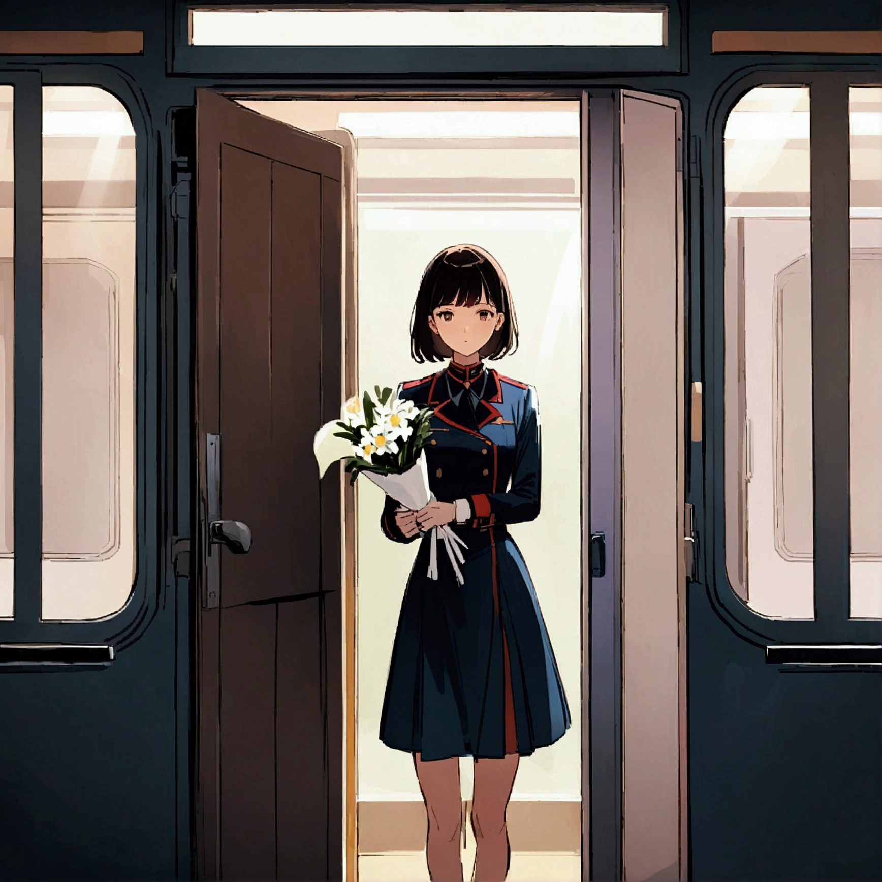 Focus on a woman riding alone on a train. Nostalgic. Farewell. Simple. Holding a white bouquet. Standing through the closed door window and looking straight at the camera. Woman in the center. Lonely atmosphere. Modern and up-to-date painting. Uniform light. Delicate and clear touch. Summer.