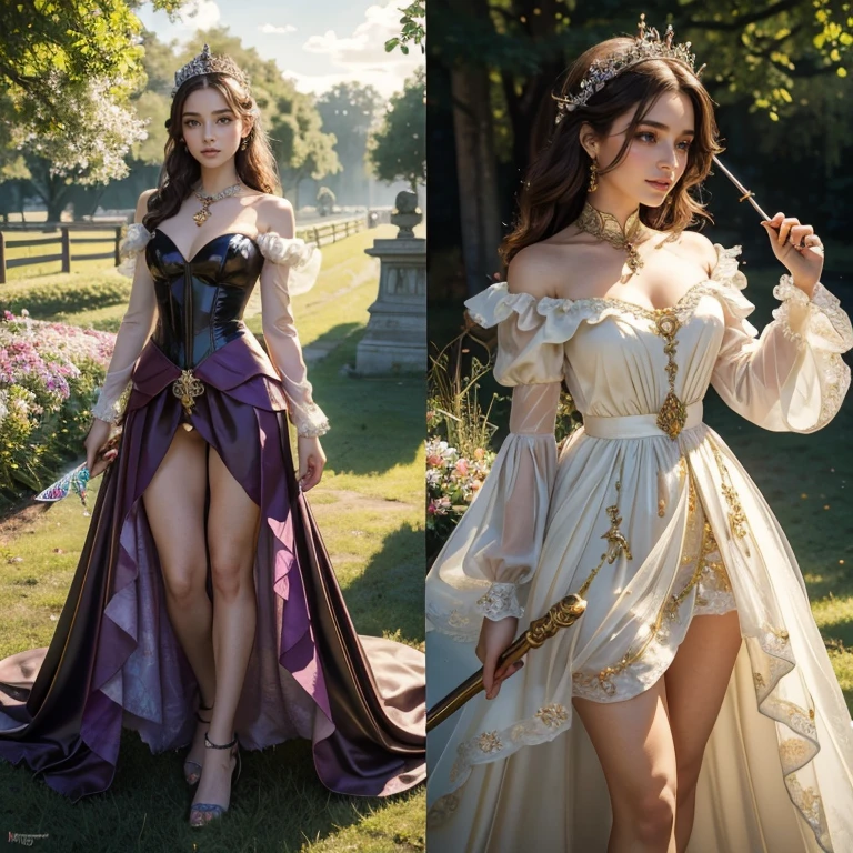 (​masterpiece, best quality:1.5), highest quality, High resolution, super detailed, Realists, Upper body photo of a brunette young magical girl, detailed and beautiful eyes, beautiful detailed lips, very detailed eyes and face, longeyelashes, shiny satin dress, Holding a magic wand in your hand, Cast a transformation spell, With her magic wand she turns the cow into a horse, Glowing wands available,Beautiful and colorful makeup, elegant and noble々The jewelry bag, Gardens as background, soft daylight, bright colors, fine brushstrokes, Portrait style, Silk dress fabric, beautiful color palette, glowing skin, First-class rendering, that captures every detail, enchanting atmosphere, subtle shadows and lights, (perfect anatomy:1.2), (The stunning Magical Girls turns cows into horses. (a transformation with the magic wand:1.4), (magnificent panorama view:1.2)