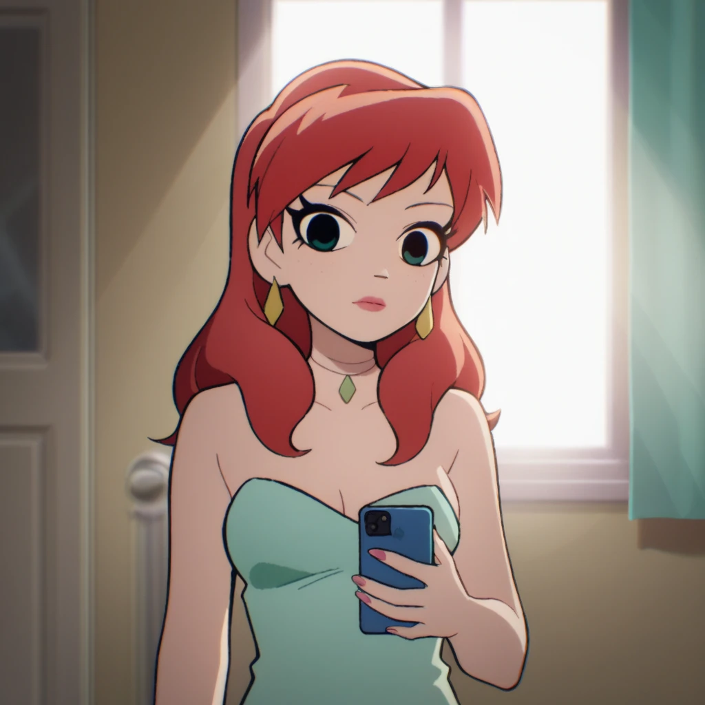 score_9_presence, score_8_up, Ariel, wrapped in towel, medium breasts, holding phone