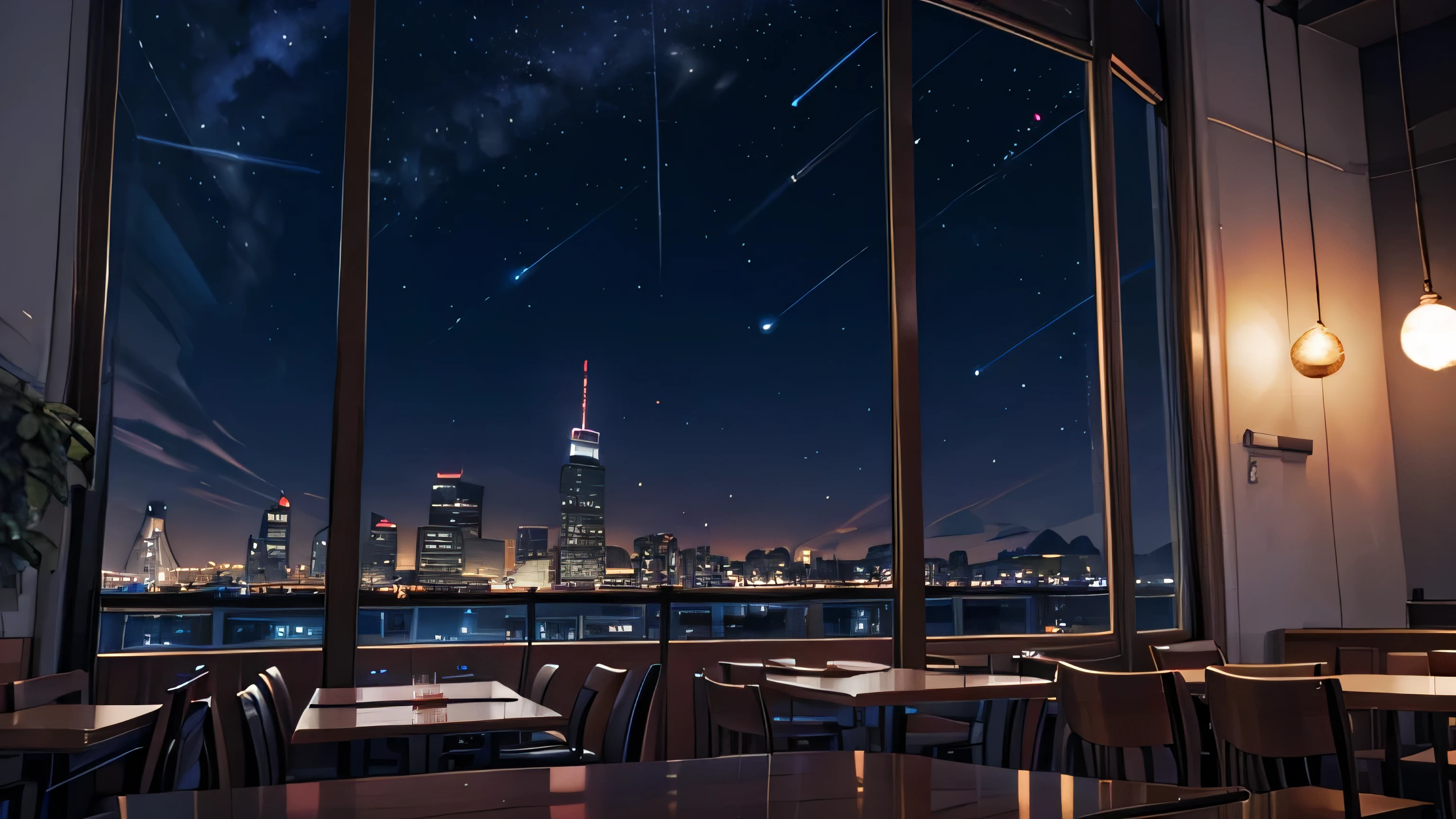 Studying in a cafe, night sky