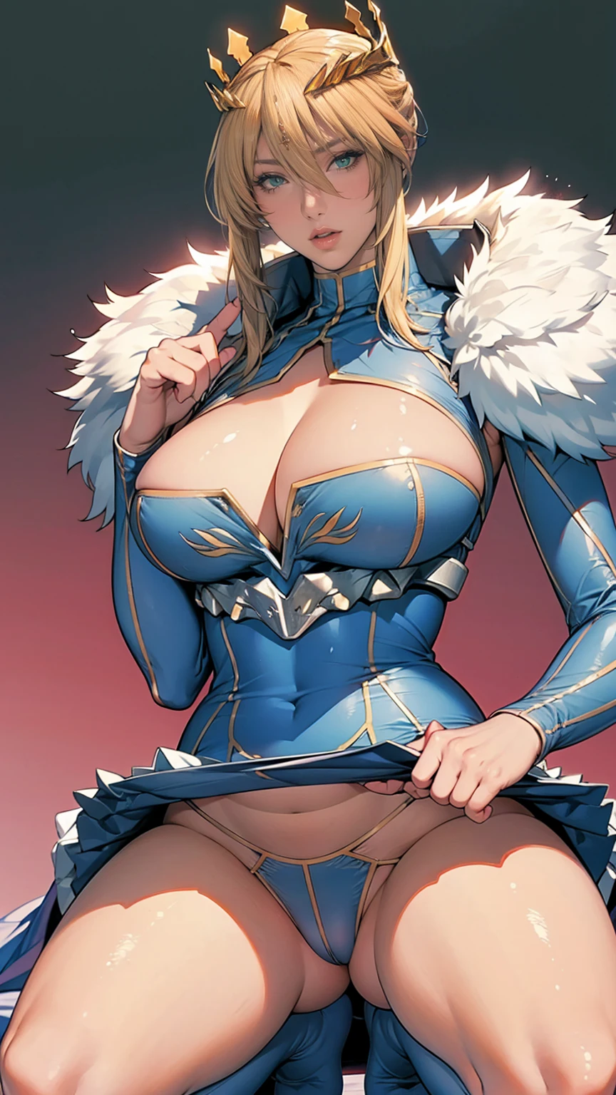Artoria Lancer, mature woman, elegant, blonde hair, green eyes, casual clothes, crown, white cape, fur trim, portrait, upper body, curvaceous, 4k resolution, high quality,skirt lift,show off detail race  panties,squatting, spread legs,