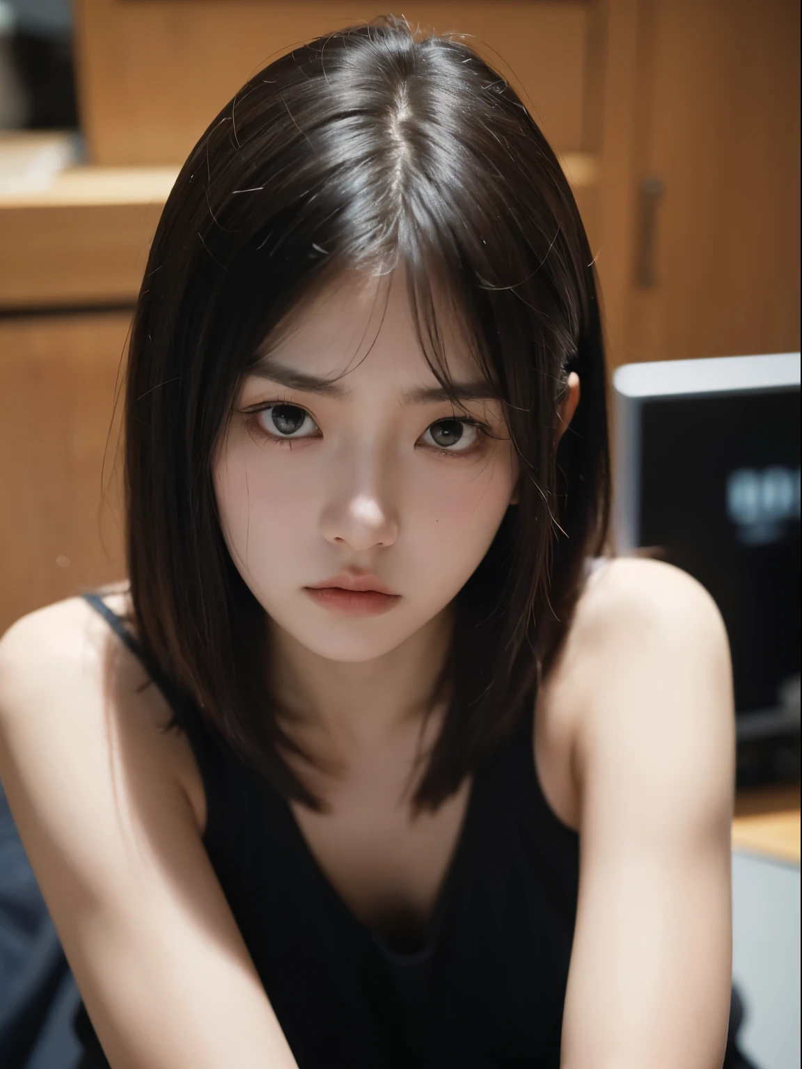 (8k, Top quality, Masterpiece:1.2), (Realistic, photo-realistic:1.37), Super detailed, perfect anatomy, cute, small eyes, 18 years old, a Japanese, girl, angry, crossed arms, bangs, frown, furious, rage,