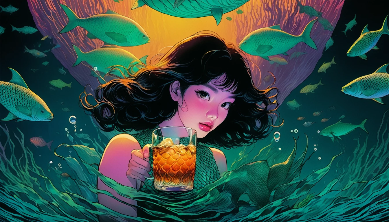 An illustration、art、80s Thai horror movie poster, Supervised by Junji Ito、(deep sea:1.2)、expensive 、Attention to detail, Realistic Shadows、Analog Style, chromatic aberration, Surrealism、Complementary Gradient、Mermaid drinking whiskey straight