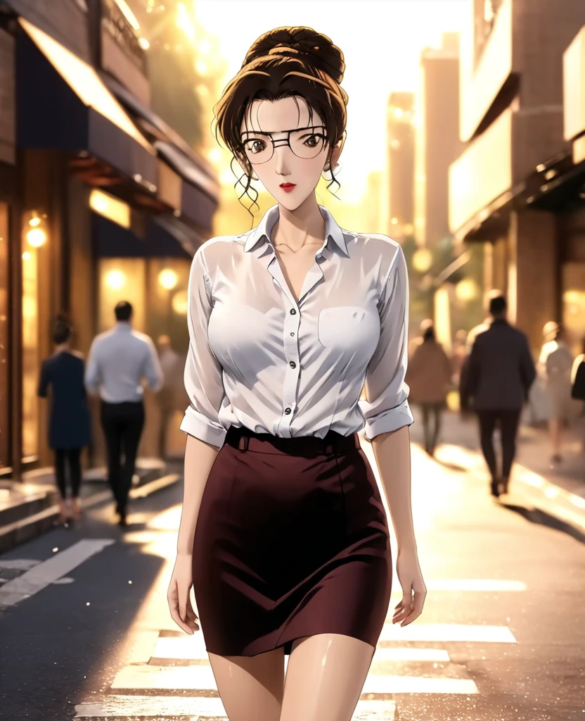 8K high resolution,detailed face,Detailed BPDY,perfect body,super high quality, absurdres, ultra detailed, Kisaki eri, mature woman, perfect body, (brown hair), (messy bun hair),  on the streets, walking, sunlight, volumetric lighting, bokeh, ((tight skirt)) ((white shirt)) (open shirt) , wearing glasses