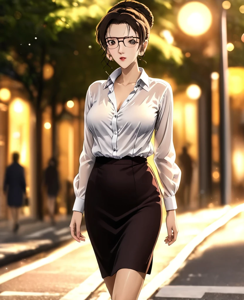 8K high resolution,detailed face,Detailed BPDY,perfect body,super high quality, absurdres, ultra detailed, Kisaki eri, mature woman, perfect body, (brown hair), (messy bun hair), on the streets, walking, sunlight, volumetric lighting, bokeh, ((tight skirt)) ((white shirt)) (open shirt) , wearing glasses
