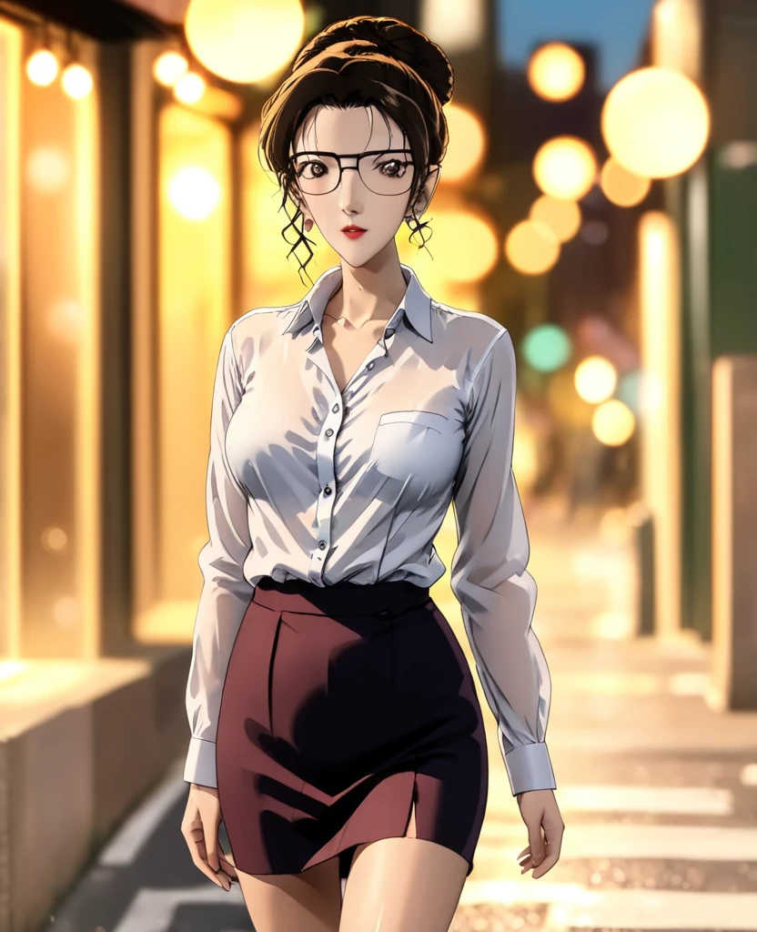 8K high resolution,detailed face,Detailed BPDY,perfect body,super high quality, absurdres, ultra detailed, Kisaki eri, mature woman, perfect body, (brown hair), (messy bun hair),  on the streets, walking, sunlight, volumetric lighting, bokeh, ((tight skirt)) ((white shirt)) (open shirt) , wearing glasses