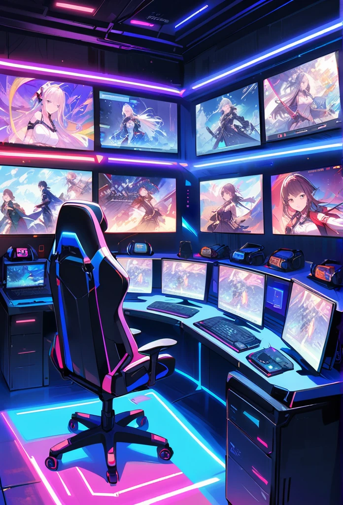 In the future, envision an innovative and cutting esports room designed specifically for gaming enthusiasts. Picture a space that combines advanced technology, sleek aesthetics, and optimal comfort to create the ultimate gaming experience.Visualize a room filled with state-of-the-art gaming equipment, including high-performance gaming PCs, immersive virtual reality setups, and ultra-responsive gaming consoles. The room is equipped with top-tier gaming peripherals such as high-refresh-rate monitors, ergonomic gaming chairs, and customizable lighting systems that enhance the gaming atmosphere.Imagine a futuristic design that embraces minimalism and sleekness. The room features clean lines, futuristic materials, and a color scheme that creates a visually striking and immersive environment. The walls may be adorned with LED panels that display dynamic visuals, enhancing the gaming ambiance and providing an interactive element.Envision a room that is acoustically optimized, ensuring crystal-clear sound and minimizing distractions. Surround sound systems and noise-canceling technology create an immersive audio experience, allowing gamers to fully immerse themselves in the virtual world.Picture a layout that promotes collaboration and competition. The room can be divided into dedicated gaming zones individual pods, each equipped with its own gaming setup. This allows gamers to engage in multiplayer matches, team-based competitions, or individual gaming sessions, fostering a sense of community and healthy competition. Consider the integration of AI assistants or voice command systems that provide real-time game analysis, offer strategic suggestions, or assist with in-game tasks.