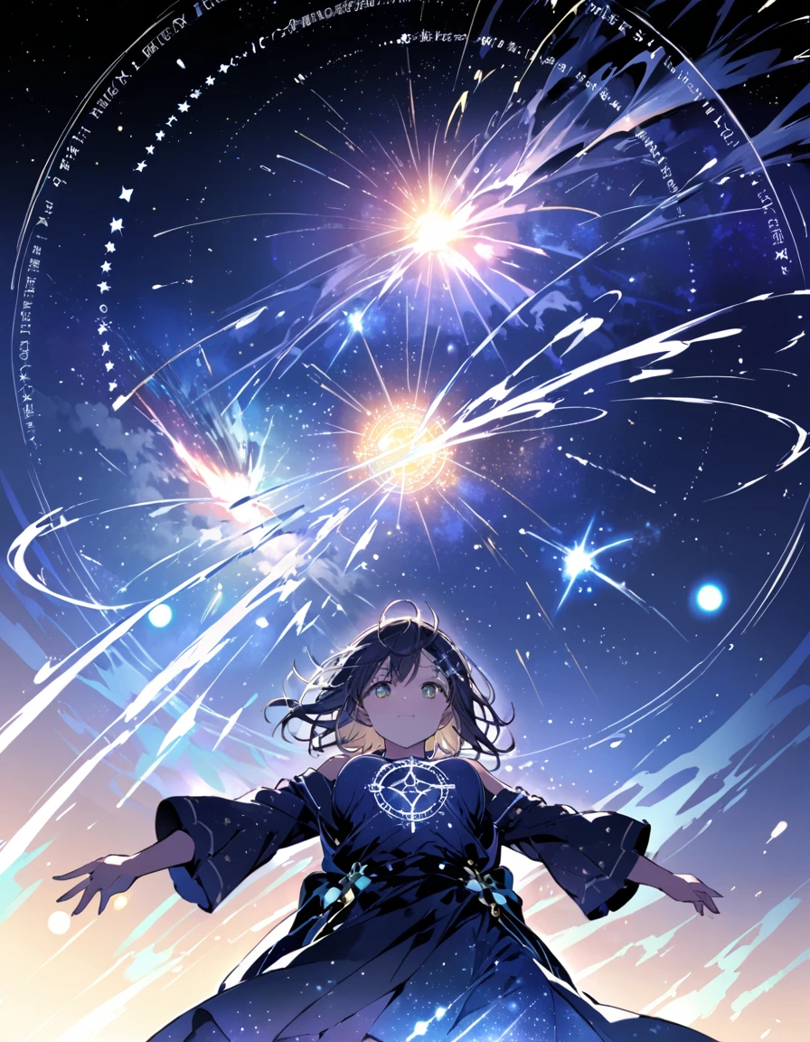 masterpiece、background((梦幻般的Starry Sky、universe、Magic Circle,Single focus,Bright, Starry Sky, meteor,Thunder magic,))、View from below