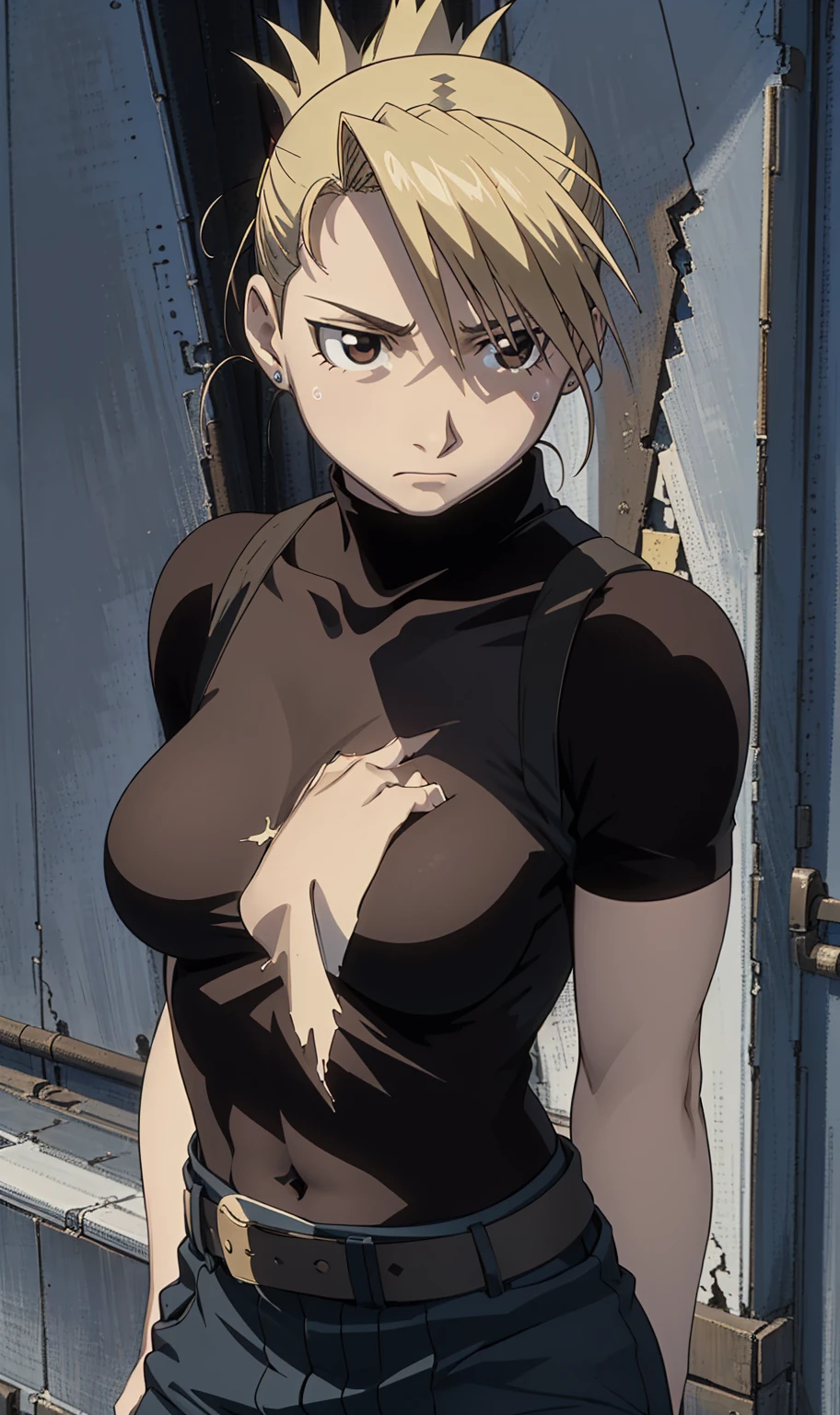 masterpiece, Highest quality, High resolution, One Girl, Finish him, ponytail, Brown eyes,big , Black Shirt, Tight shirt, holster, Short sleeve, belt, Covered navel, Blue pants,Inside the room、Upper body close-up、Muscular body、blush、Sweat、Composition from the front、anime、Hide your arms behind your back、(((Torn clothes、your breasts are fully visible)))