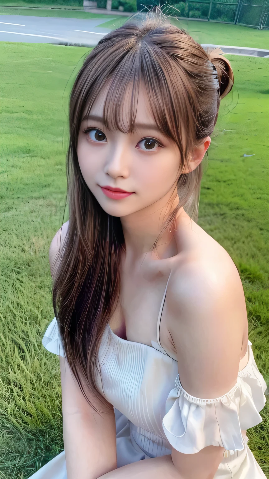 One piece with collar,Outdoor,Urban Park,On the grass,Very detailed, In detail, High resolution, 8k wallpaper, Perfect dynamic composition, 美しいAttention to detail目,Outdoor,Face close-up,Outdoor,blush,Look forward,,Long hair ponytail,((8k, RAW Photos, Highest quality, masterpiece:1.2), (realism, Realistic:1.4), (Very detailed8k wallpaper), Written boundary depth, Cinema Lighting, Soft Light, Detailed beauty eyes,Shiny and smooth light brown ponytail, Asymmetrical bangs, Glowing Skin, Very detailed skins ,High resolutionです., Attention to detail, Detailed hairstyle, Attention to detail顔の美しさ, Ultra-realistic, Perfect limbs, Perfect Anatomy ,1 Japanese girl,Famous idols of Japan, Perfect female body,A shy smile,short eyelashes,double eyelid,Look straight here,Hairstyle: ponytail,