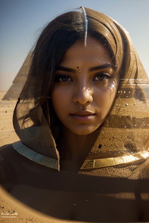 Sands of time, double exposure, layering one on top of the other, sandstorm, beautiful face of the Egyptian queen, glass, wind, pyramids, sphinx, professional photo, sfumato, acid splashes, blurred background