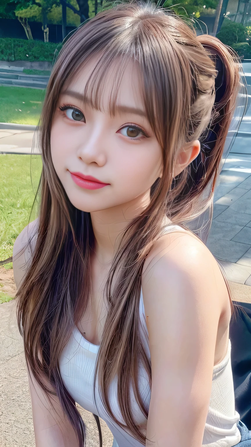 White T-shirt and jeans,Outdoor,Urban Park,On the grass,Outdoor,Face close-up,Outdoor,blush,Look forward,,Long hair ponytail,((8k, RAW Photos, Highest quality, masterpiece:1.2), (Realism, Realistic:1.4), (Highly detailed 8K wallpapers), Written boundary depth, Cinema Lighting, Soft Light, Detailed beauty eyes,Shiny and smooth light brown ponytail, Asymmetrical bangs, Glowing Skin, Highly detailed skins ,High resolution., Attention to detail, Detailed hairstyle, Attention to detail顔の美しさ, ultra-realistic, Perfect limbs, Perfect Anatomy ,1 Japanese girl,Famous idols of Japan, Perfect female body,A shy smile,short eyelashes,double eyelid,Look straight here,Hairstyle: ponytail,